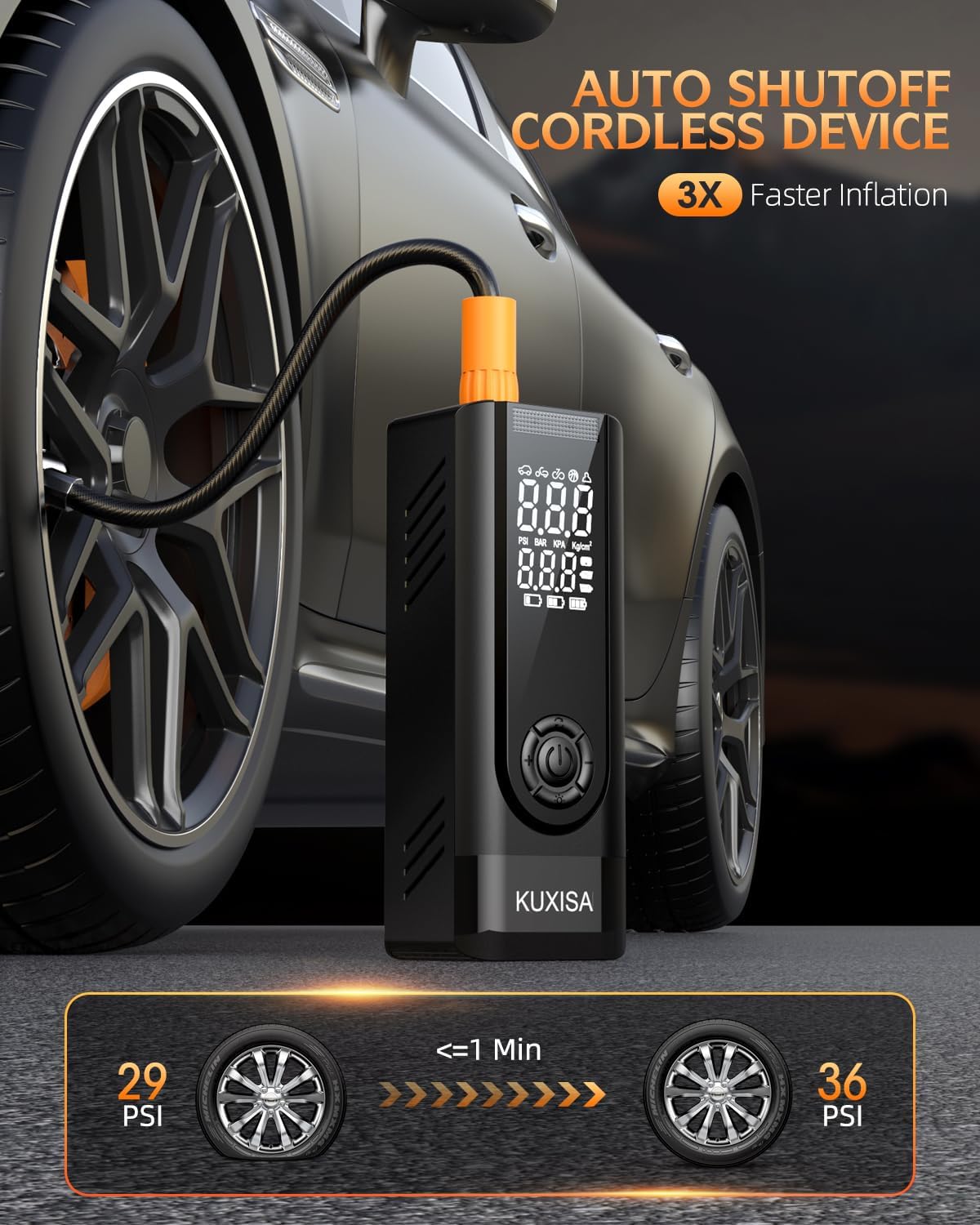 Thumbnail 2 de KUXISA Tire Inflator Portable Air Compressor: 180 PSI, 3x Faster Inflation, Dual Screen & Multi-Mode