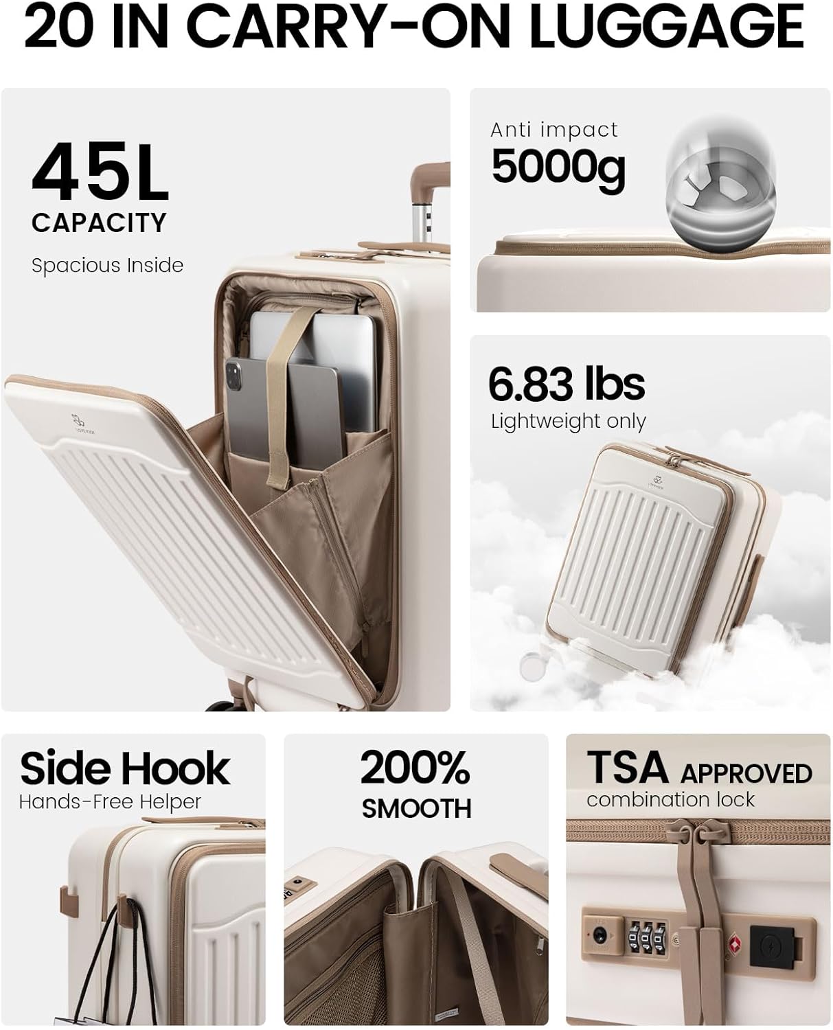 Thumbnail 6 de LOVEVOOK Handgepäck Koffer 55 cm – 100% Polycarbonat, 45 L, TSA-Schloss, Laptopfach bis 15,6 Zoll