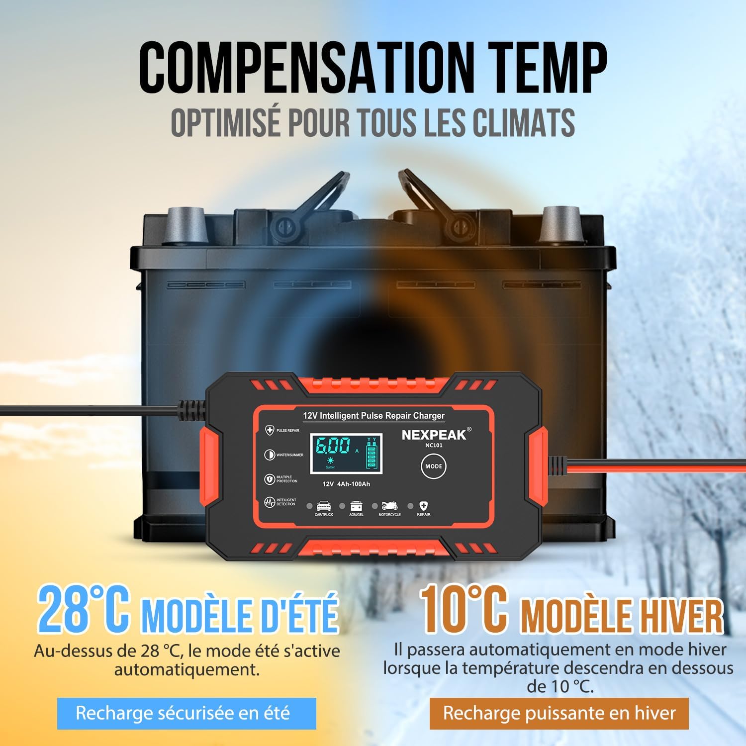 Detalle de NEXPEAK 6A Chargeur de Batterie 12V – Chargeur intelligent et réparation pour auto et moto