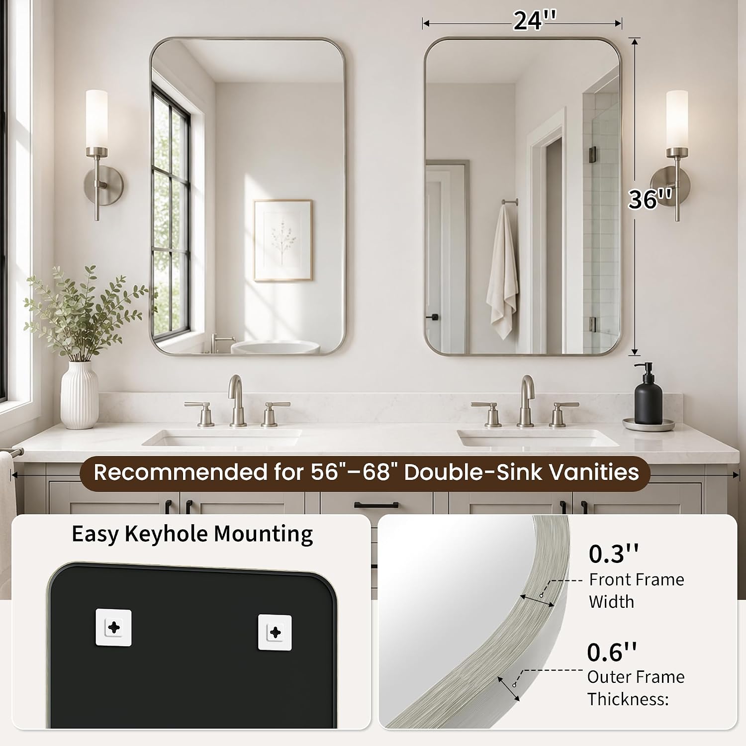 Detalle 2 de Pocetry 24x36 Inch Brushed Nickel Rounded Rectangle Vanity Mirrors (2-Pack) with Slim Aluminum Frame