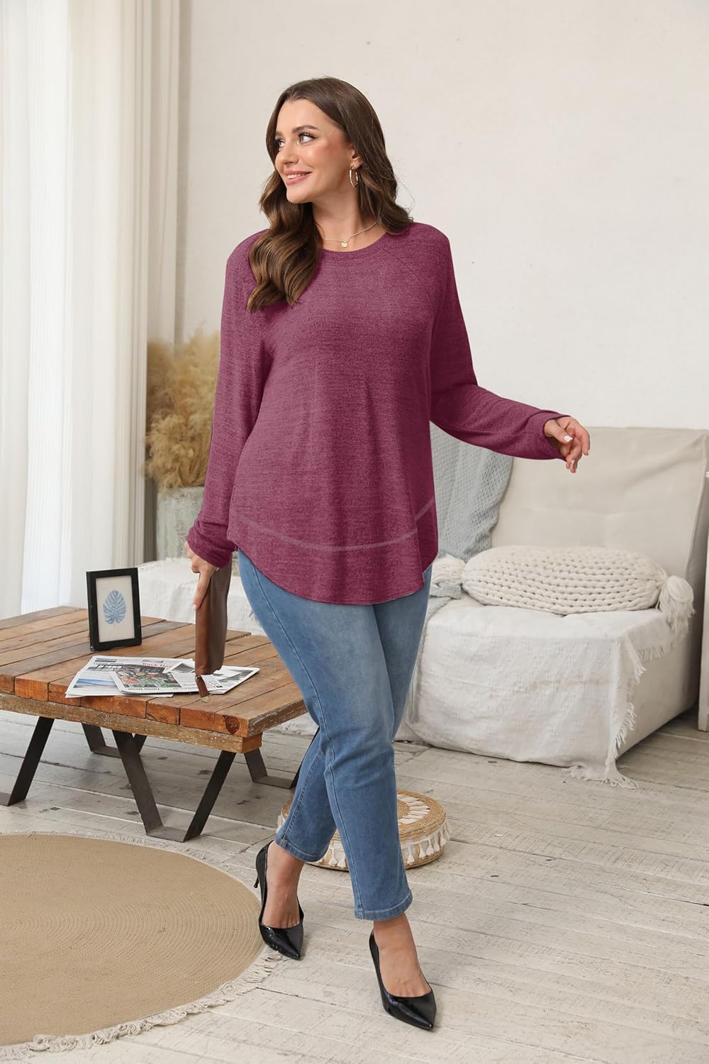 Detalle de Aokosor Ladies Long Sleeve Tunic Top with Curved Hem