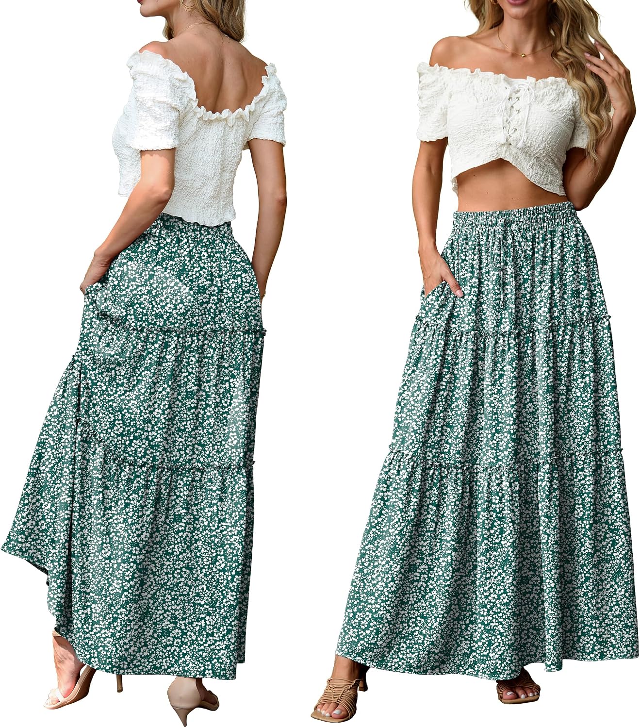 Detalle 2 de Qixing Long Skirts for Women Pleated A-Line Maxi Skirt with Pockets