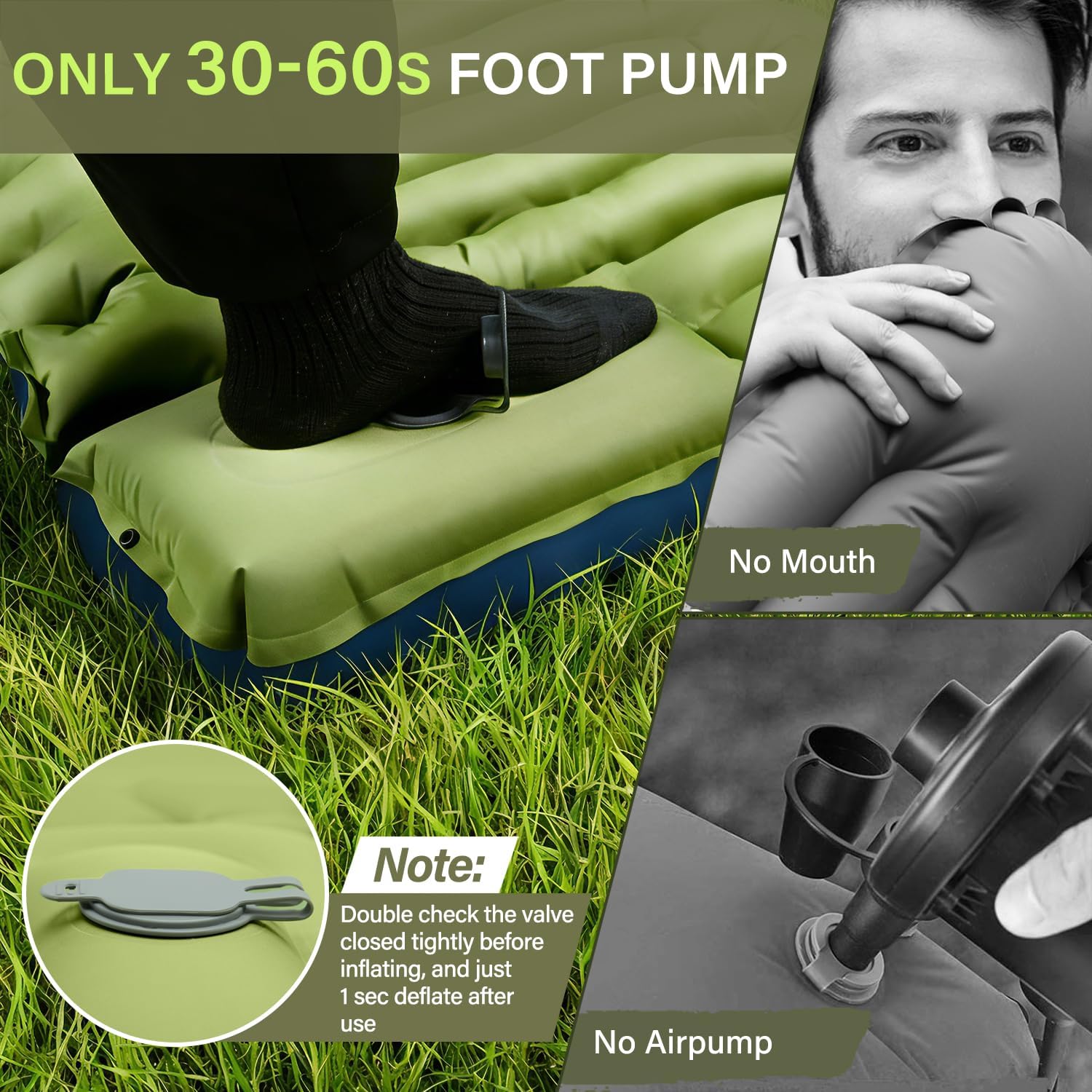Thumbnail 5 de FUN PAC Camping Sleeping Pad (Self-Inflating) w/ Built-in Foot Pump and Pillow, Single, Green