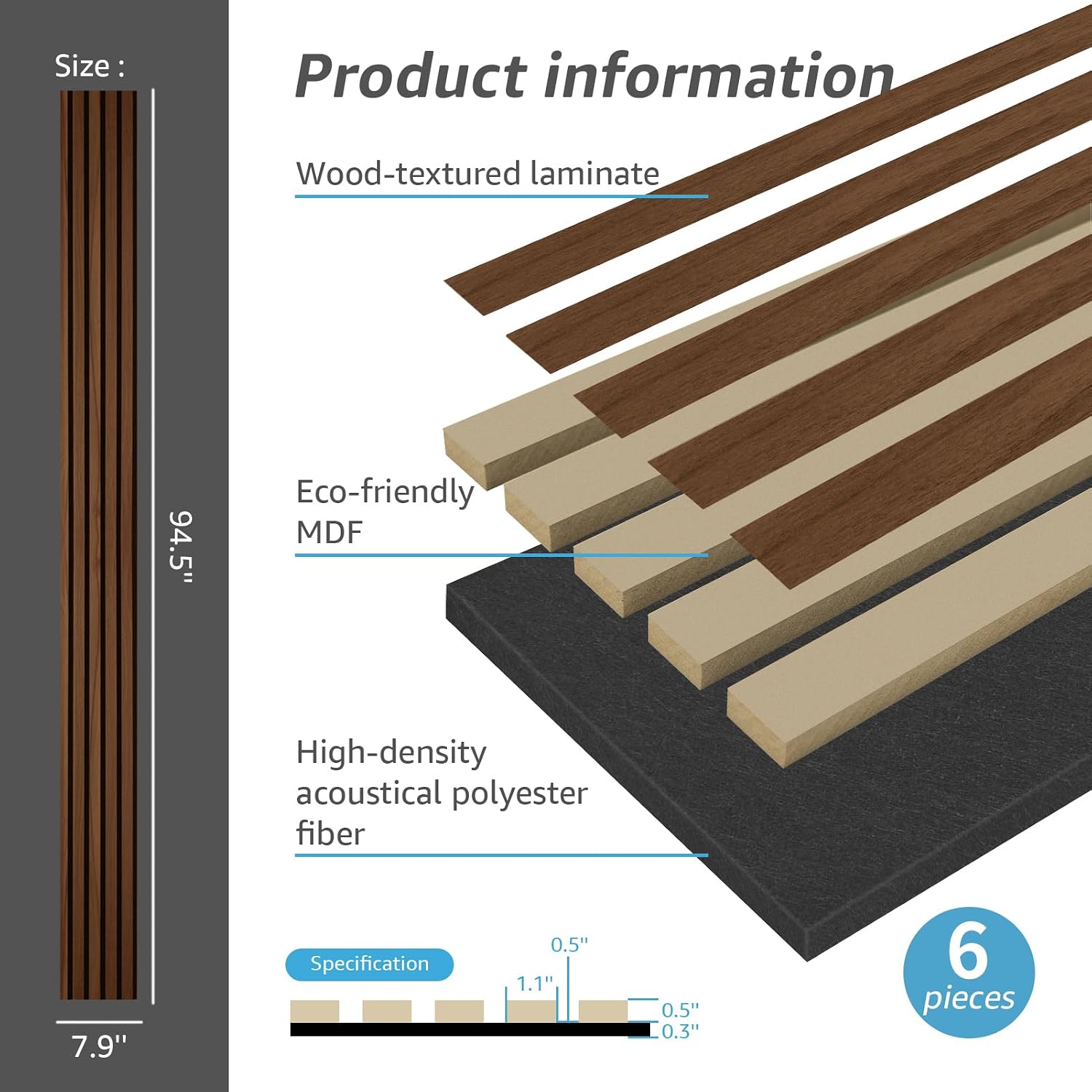 Detalle de Art3d A31at008BW06usz Wood Slat Wall Panels, Deep Walnut, 6-Pack