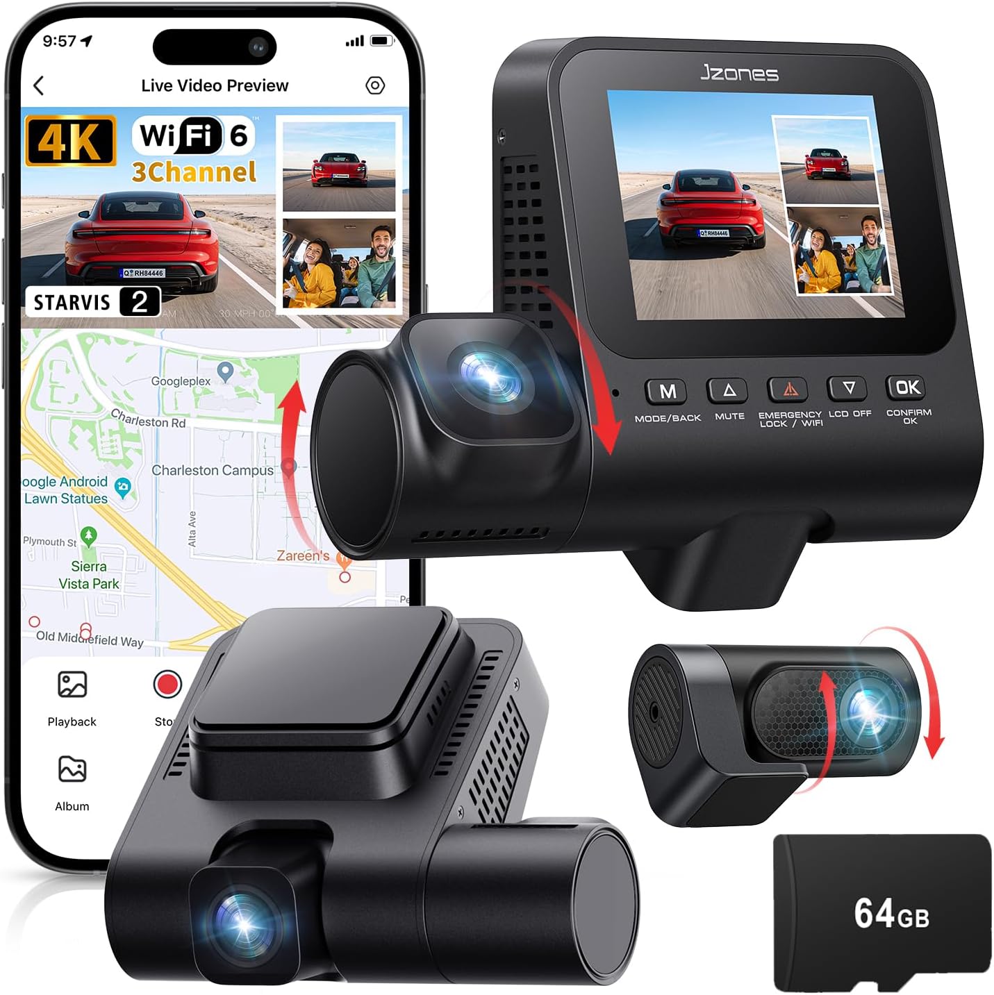 Detalle de Jzones Dash Cam Coche 3 Canales 4K
