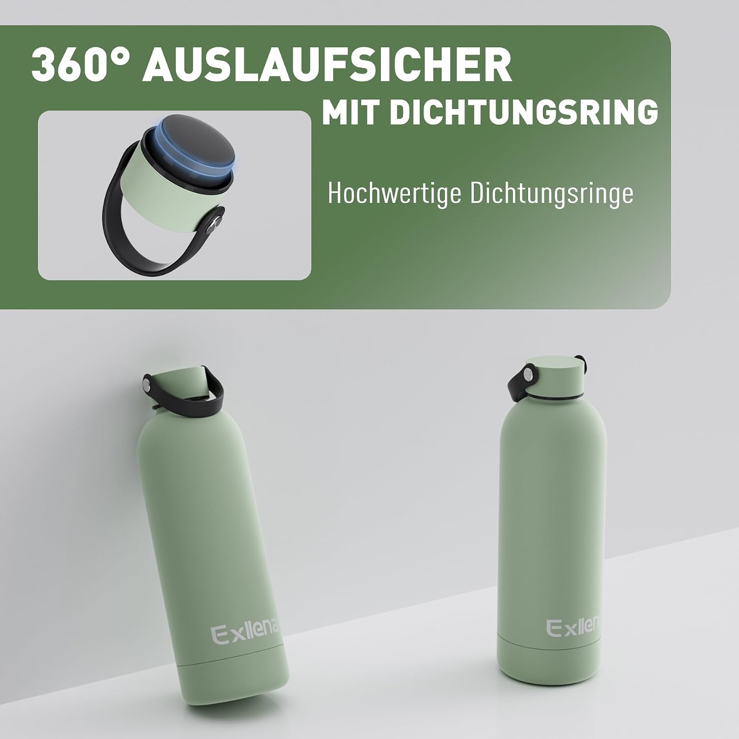 Detalle de Exllena Edelstahl-Trinkflasche mit Griff & Karabiner, isolierte Thermosflasche 500 ml (Flechtengrün)