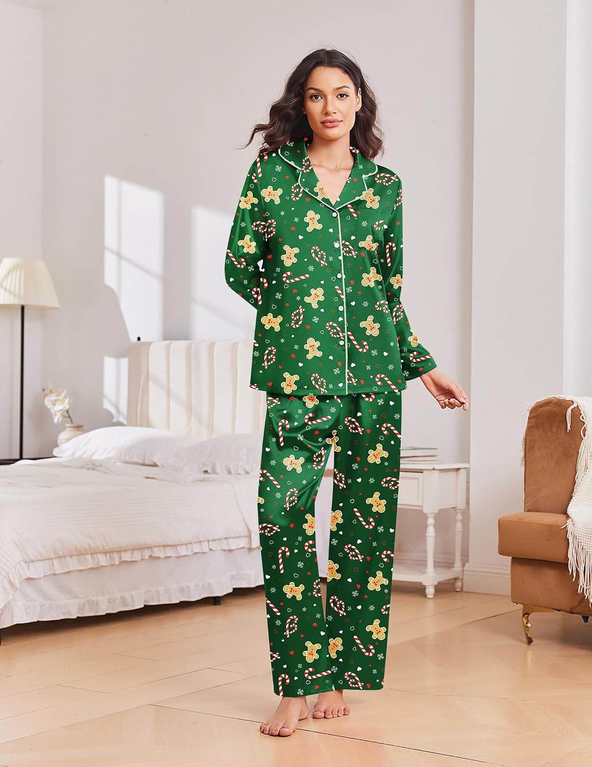 Detalle de Ekouaer Women's Satin Pajama Set, Polyester