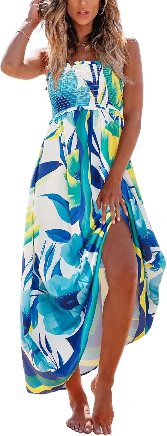Detalle 2 de CUPSHE Maxi abito estivo floreale senza maniche con punto smock – stile boho elegante per spiaggia