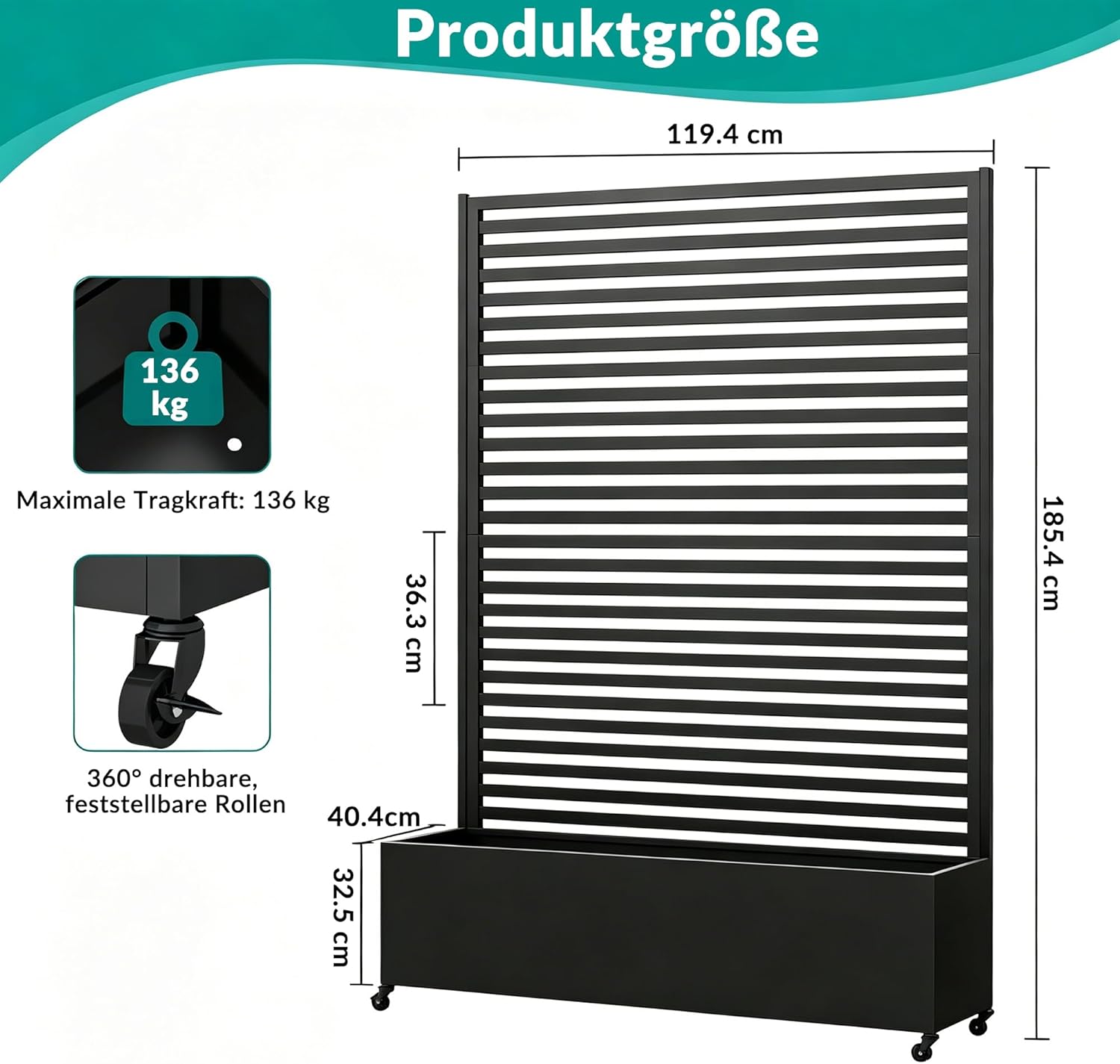 Detalle de Pflanzkasten aus Metall mit Spalier – Hochbeet auf Rädern, robuster Außenbereich
