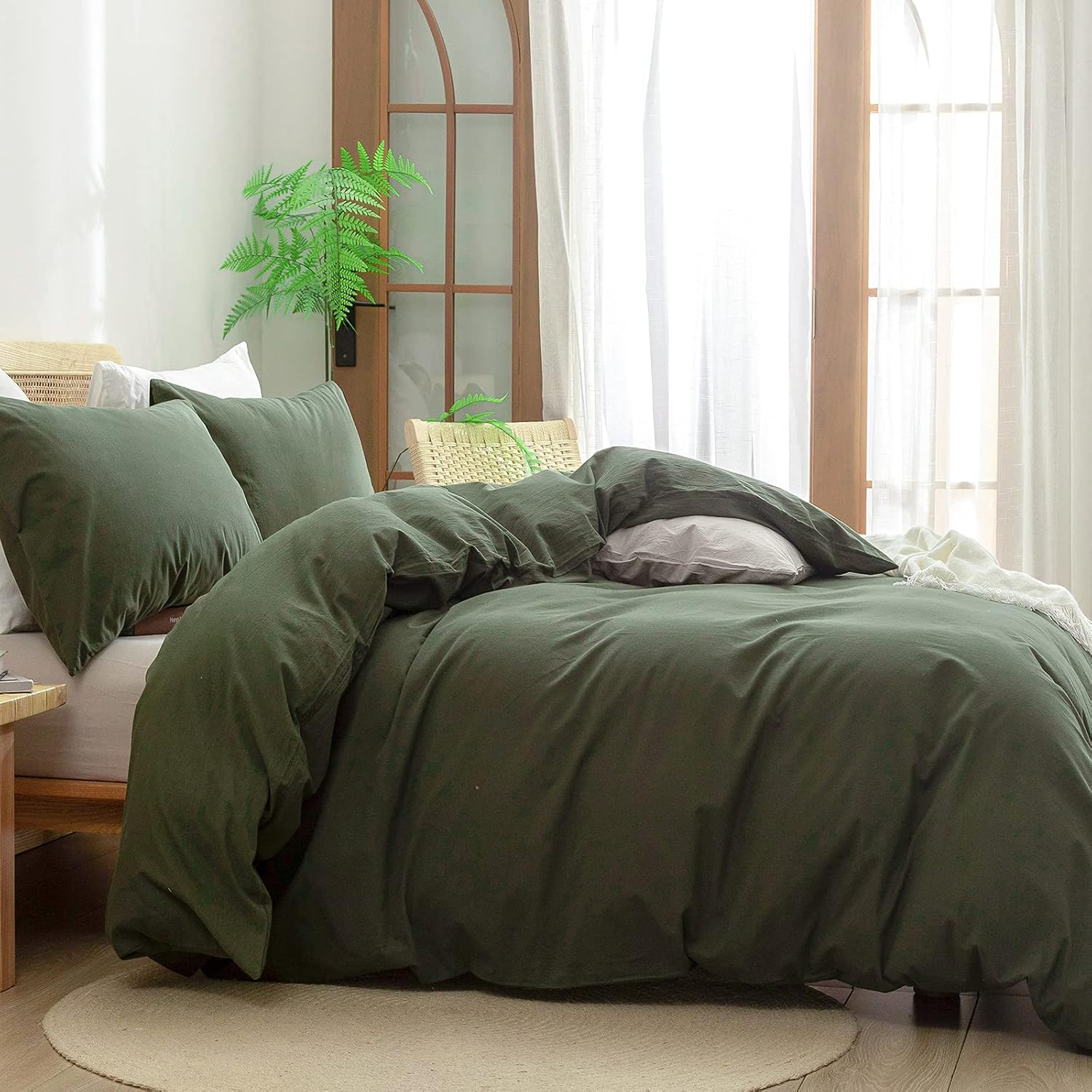 Detalle de BESTOUCH 100% cotton duvet cover set, olive green queen