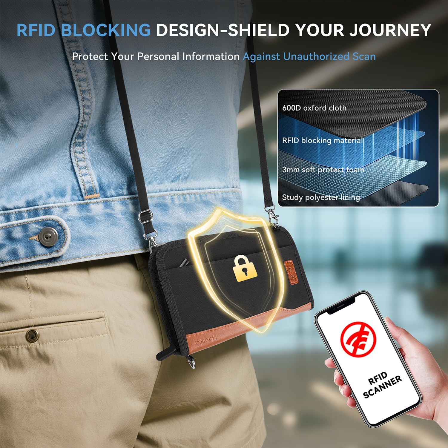 Detalle de Looxmeer Familien-Reisepasstasche mit RFID-Blocker und wasserdichtem Reiseorganizer (schwarz & braun)