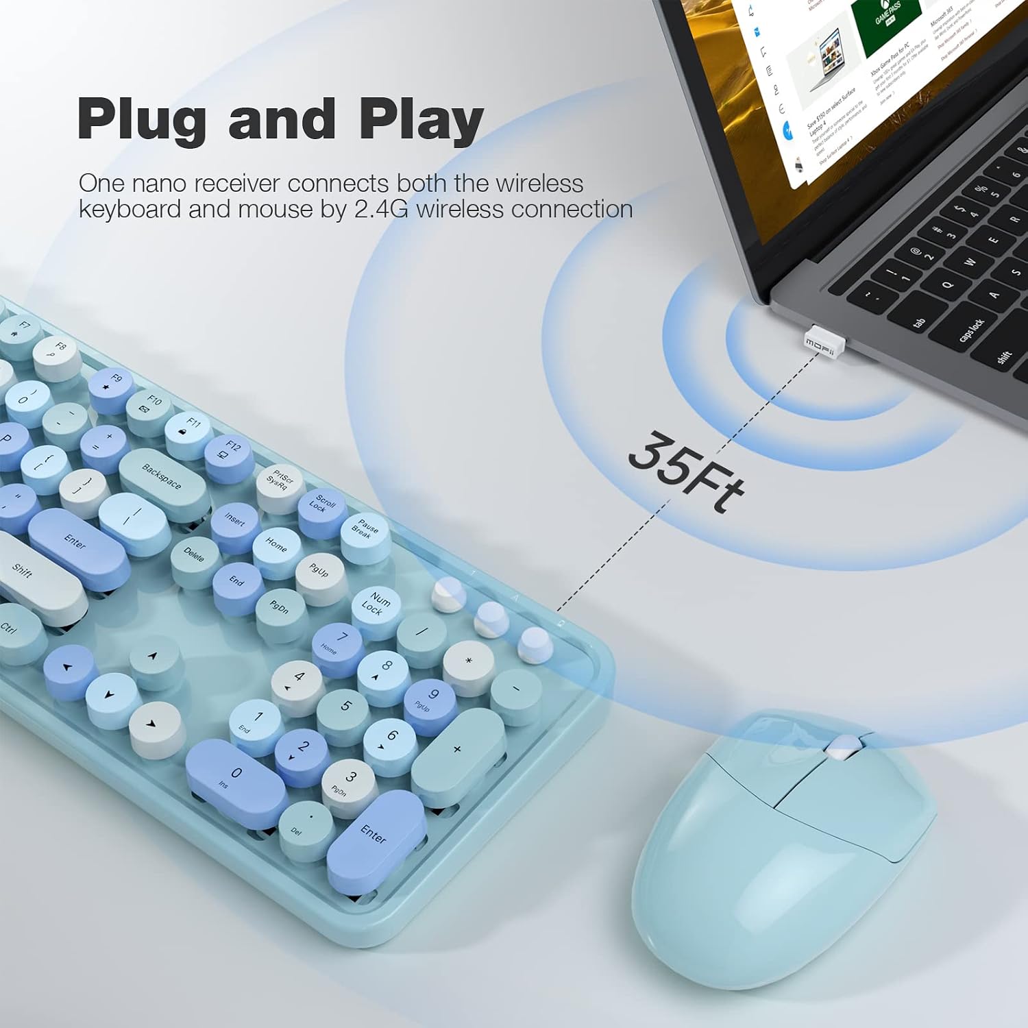 Thumbnail 1 de MOFII Wireless Keyboard and Mouse Combo, Blue Full-Size 2.4GHz Set