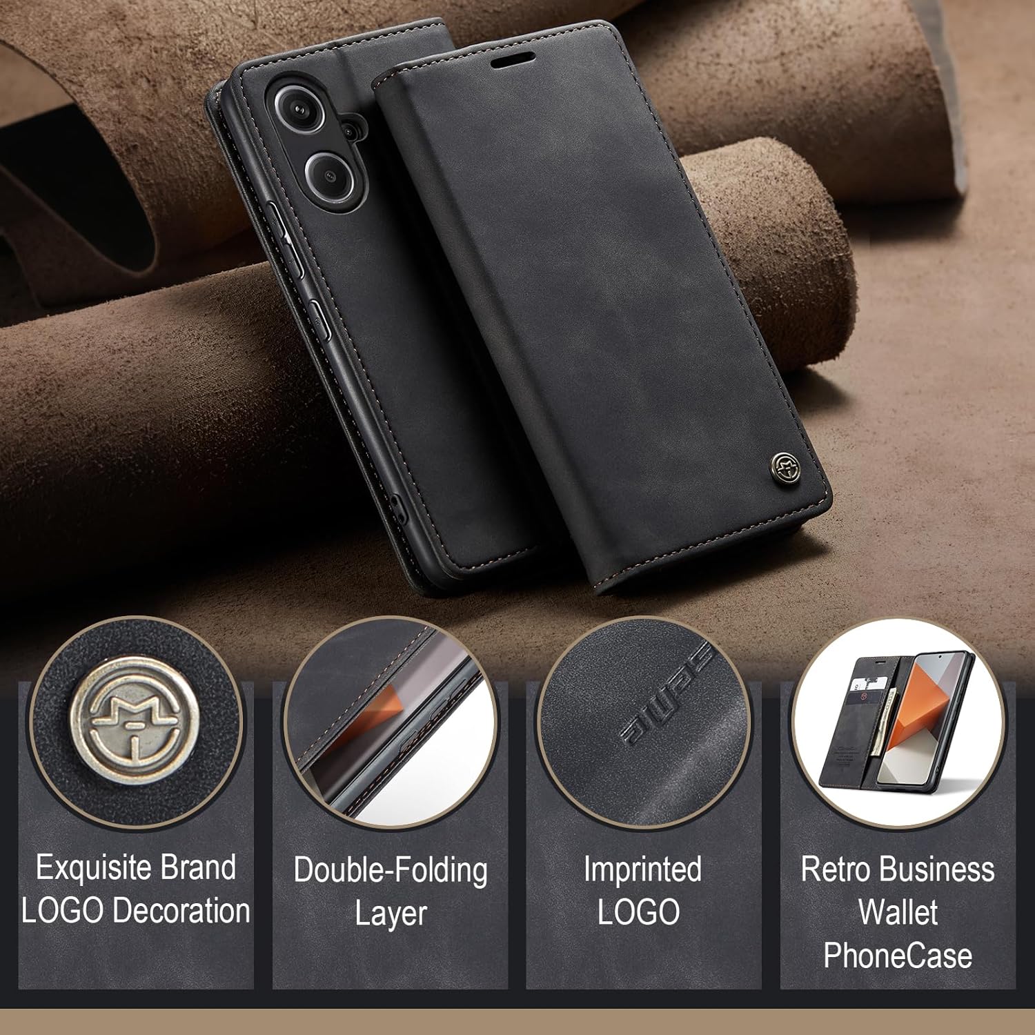 Thumbnail 5 de Lanranwa Handyhülle für Xiaomi Redmi Note 13 Pro Plus 5G – klappbares Flip Case aus PU-Leder mit Kartenfächern und Standfunktion (Schwarz)