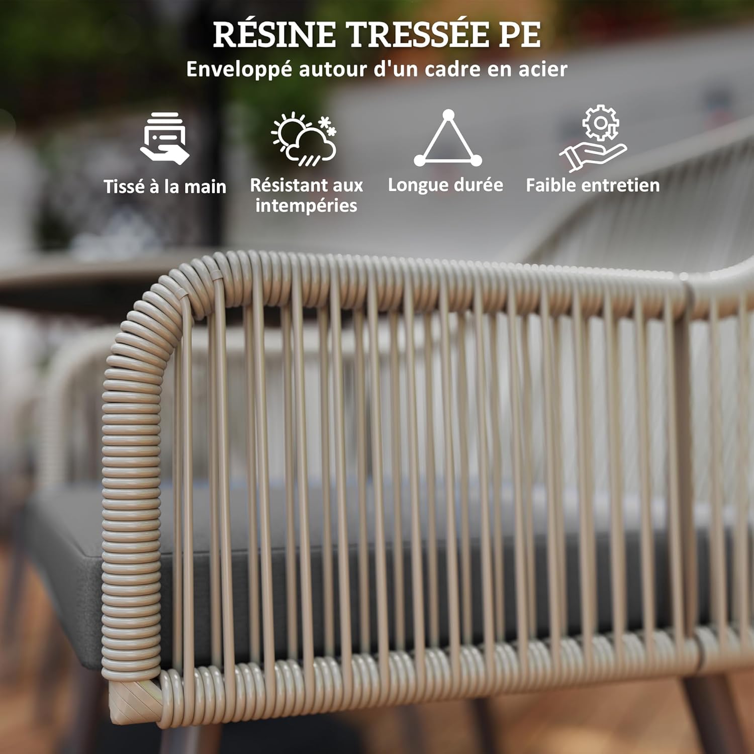 Detalle de Outsunny Salon de Jardin Extérieur en Résine Tressée – Table ronde et 4 chaises avec coussins, Marron