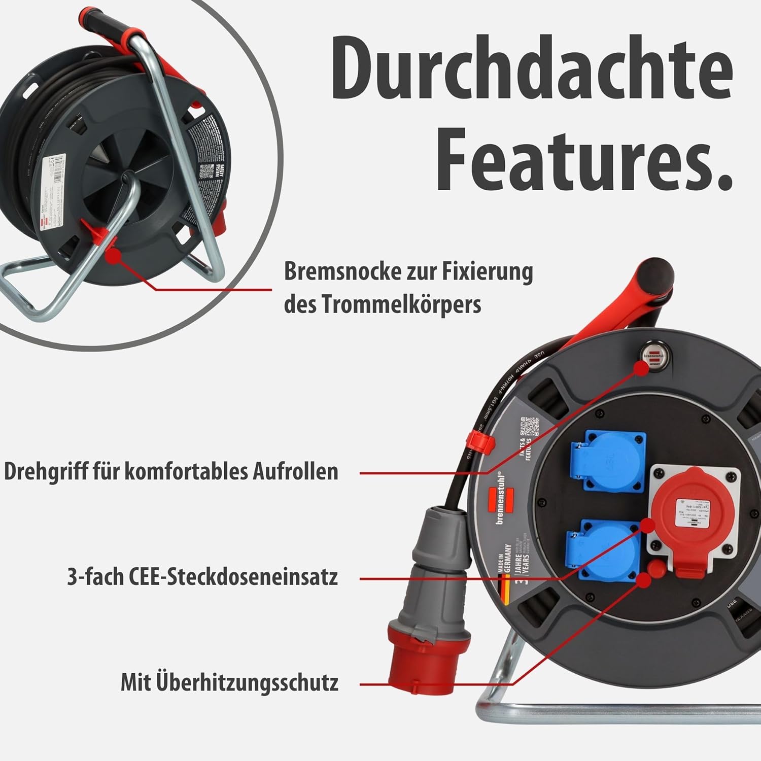 Detalle de Brennenstuhl Garant CEE Kabeltrommel 30 m IP44 – robuste Außen-CEE-Kabeltrommel