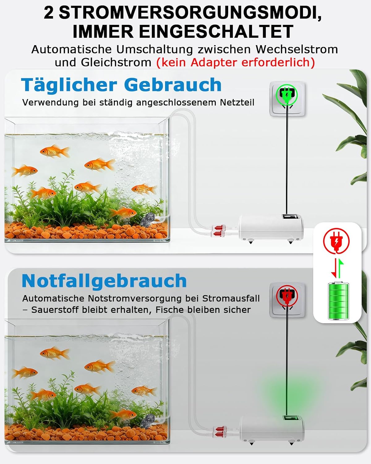 Thumbnail 5 de Petbank Aquarium Luftpumpe – USB, 2600mAh Akku, zweiphasige Stromversorgung, 2 Ausgänge