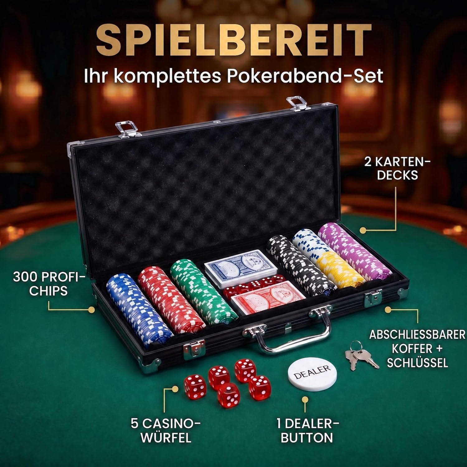 Detalle de Profi Pokerkoffer Pokerset inkl. 300–500 schwerer 12g Poker-Chips, Deck, Karten, Würfel, Dealer-Button – abschließbarer Alu-Koffer