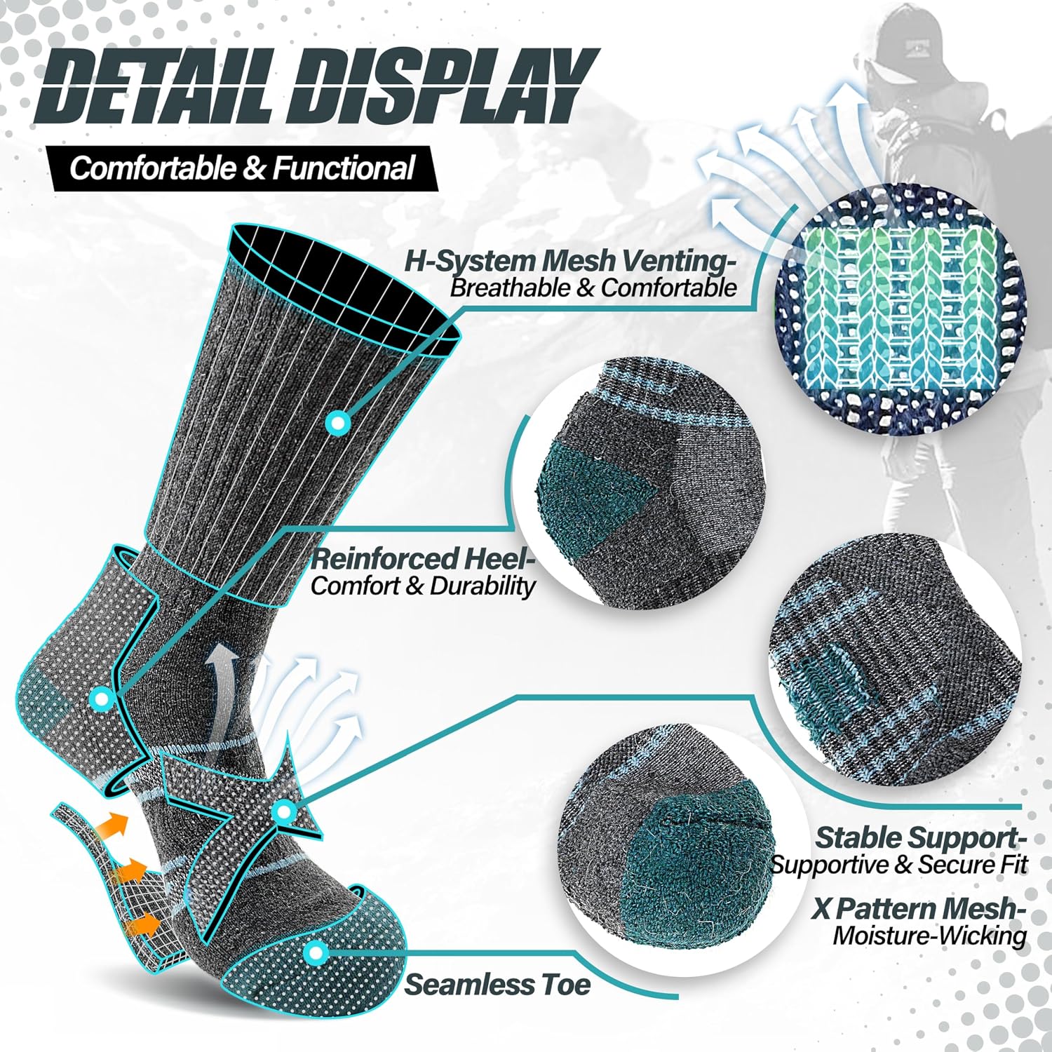 Detalle 2 de ANTSANG Merino Wool Hiking Socks, 5-Pair Crew Boot Socks with Targeted Cushion