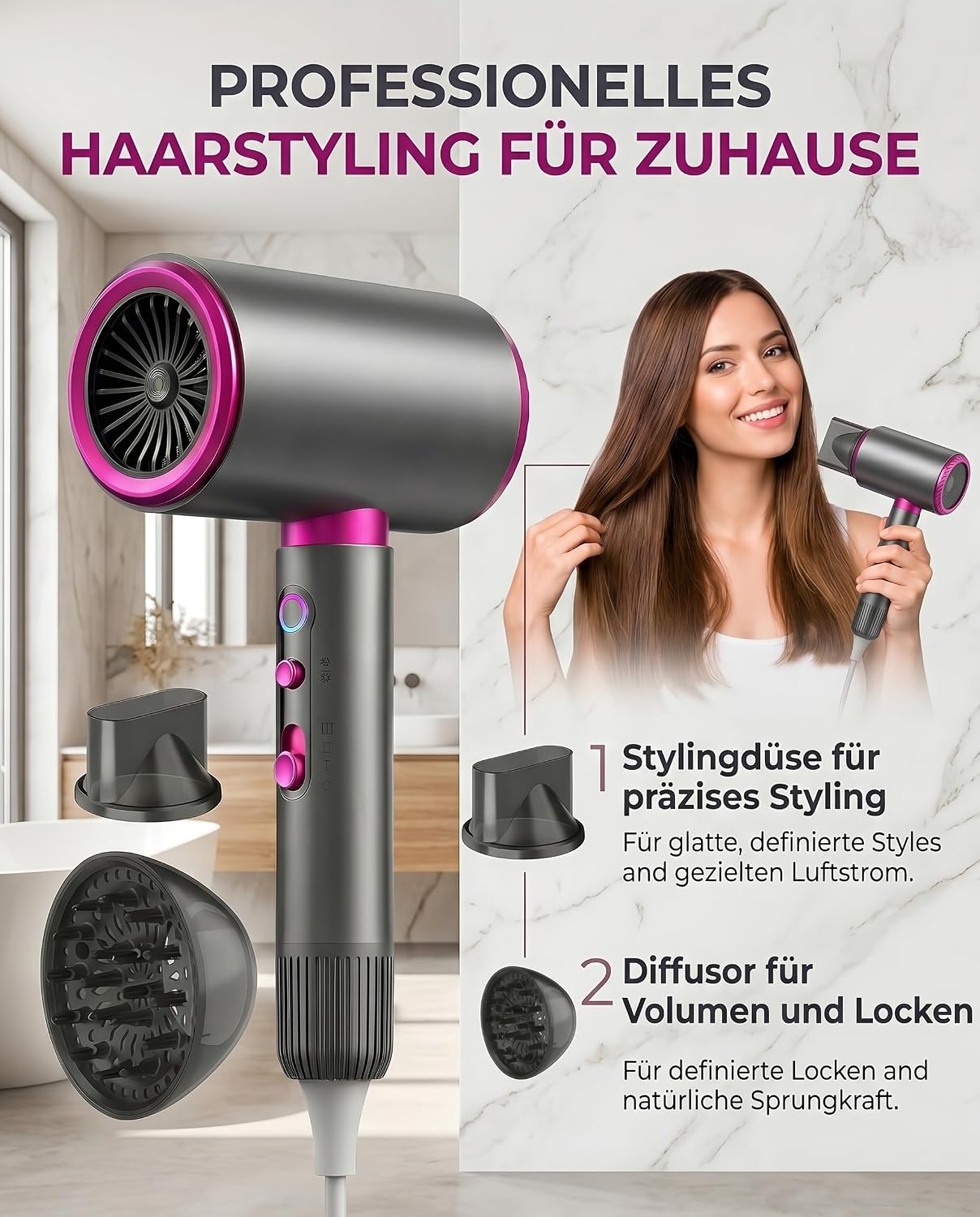 Detalle de DMTIVMG Haartrockner Ionen 2200W: Schnelles Trocknen, Diffusor und Konzentrator – ideal für unterwegs