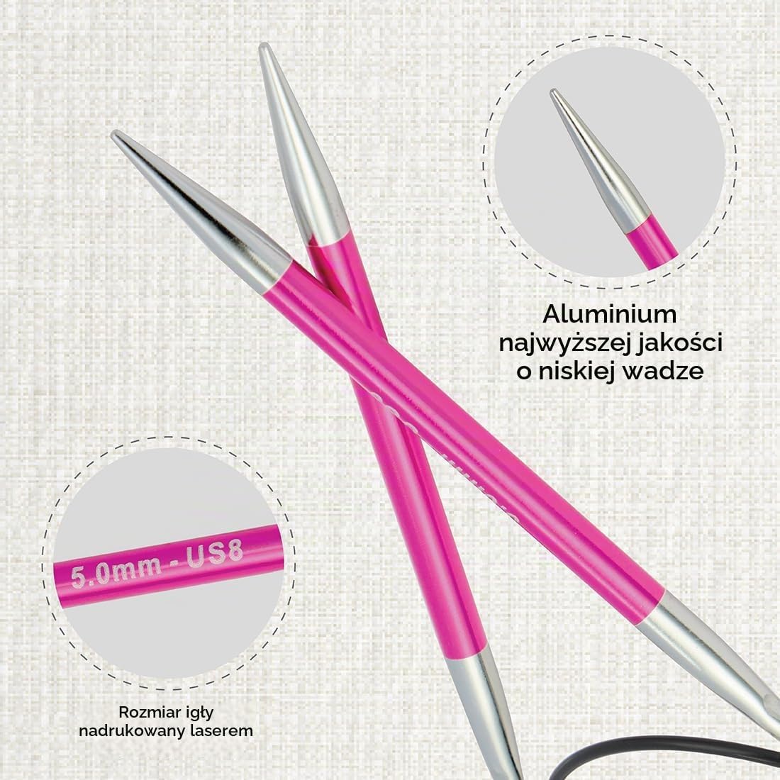 Detalle 2 de KnitPro KP47071 okrągłe druty na żyłce 5 mm, aluminiowe, różowe