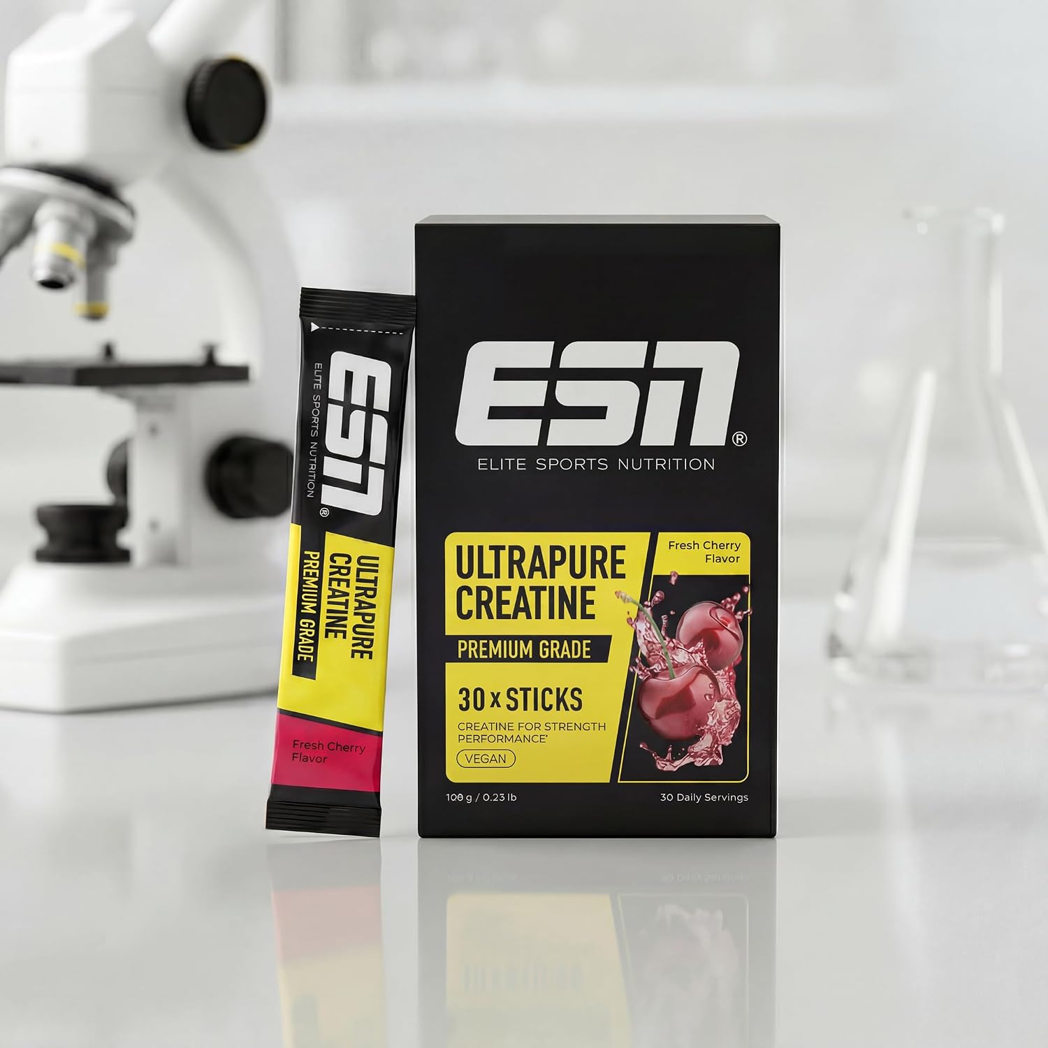 Detalle de ESN Ultrapure Creatina Monoidrato in stick – 30 bustine al gusto Ciliegia fresca, protezione vegan e solubile
