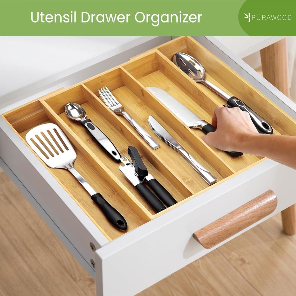Thumbnail 4 de Purawood Kitchen Drawer Organizer - Expandable Bamboo Silverware Tray (3-5 Slots)
