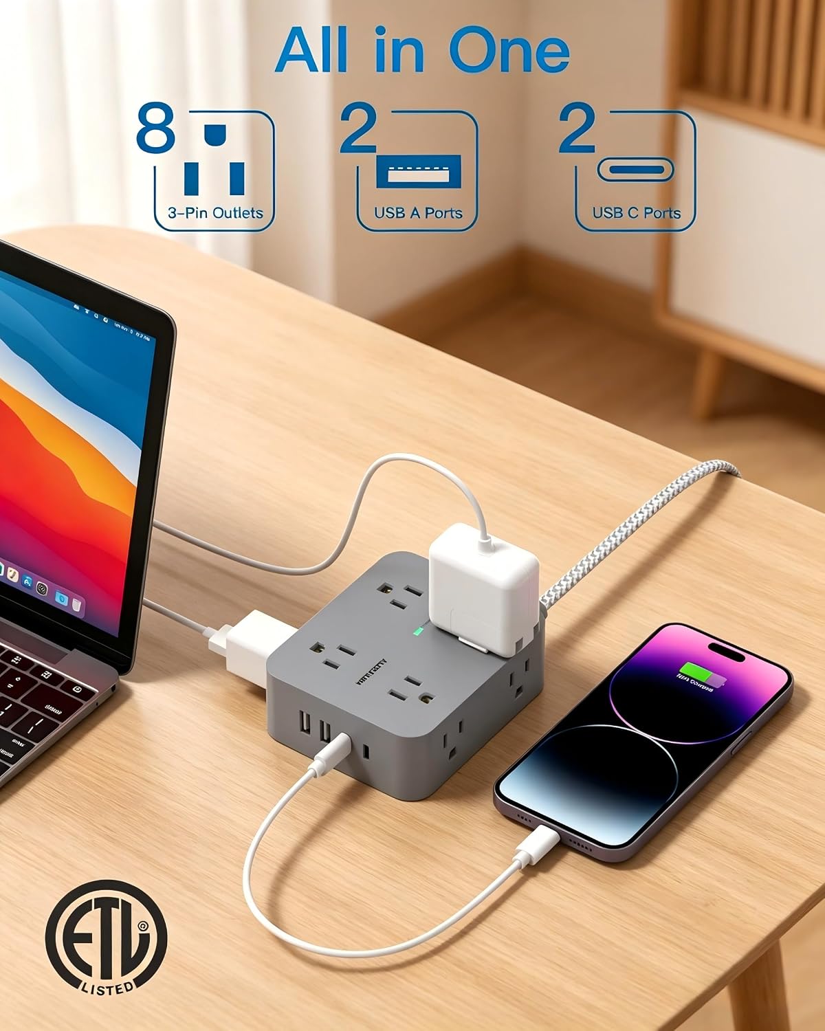 Detalle de HANYCONY HN8U5WC2 Power Strip with 8 Outlets, 4 USB Ports and Flat Plug