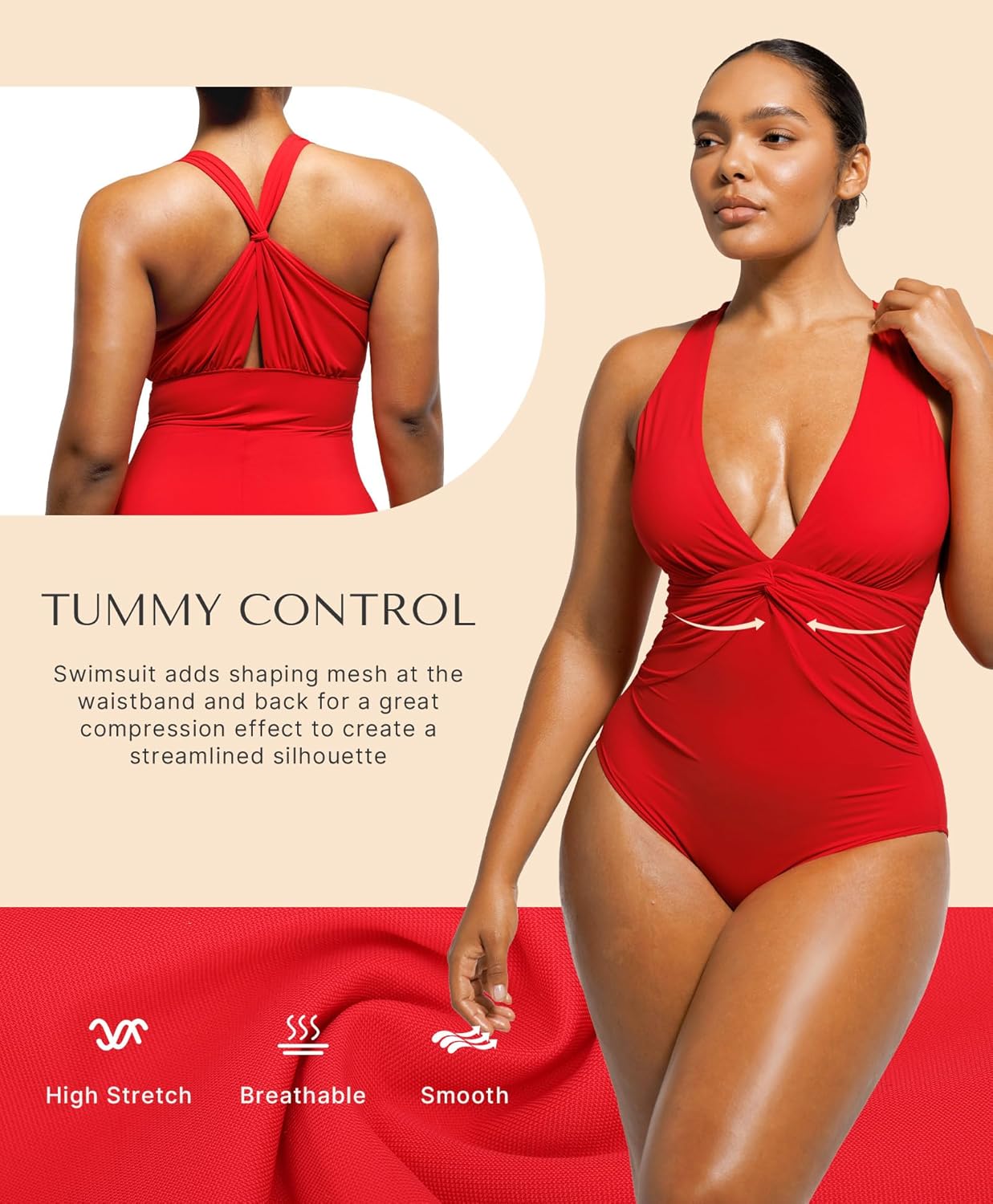 Detalle de SHAPELLX Women’s One-Piece Swimsuit with Tummy Control & Ruched V-Neck