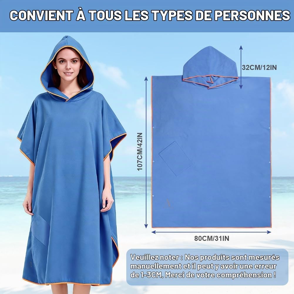 Thumbnail 1 de AUYAO microvezel surfponcho voor volwassenen, 107 x 80 cm, lichtblauw