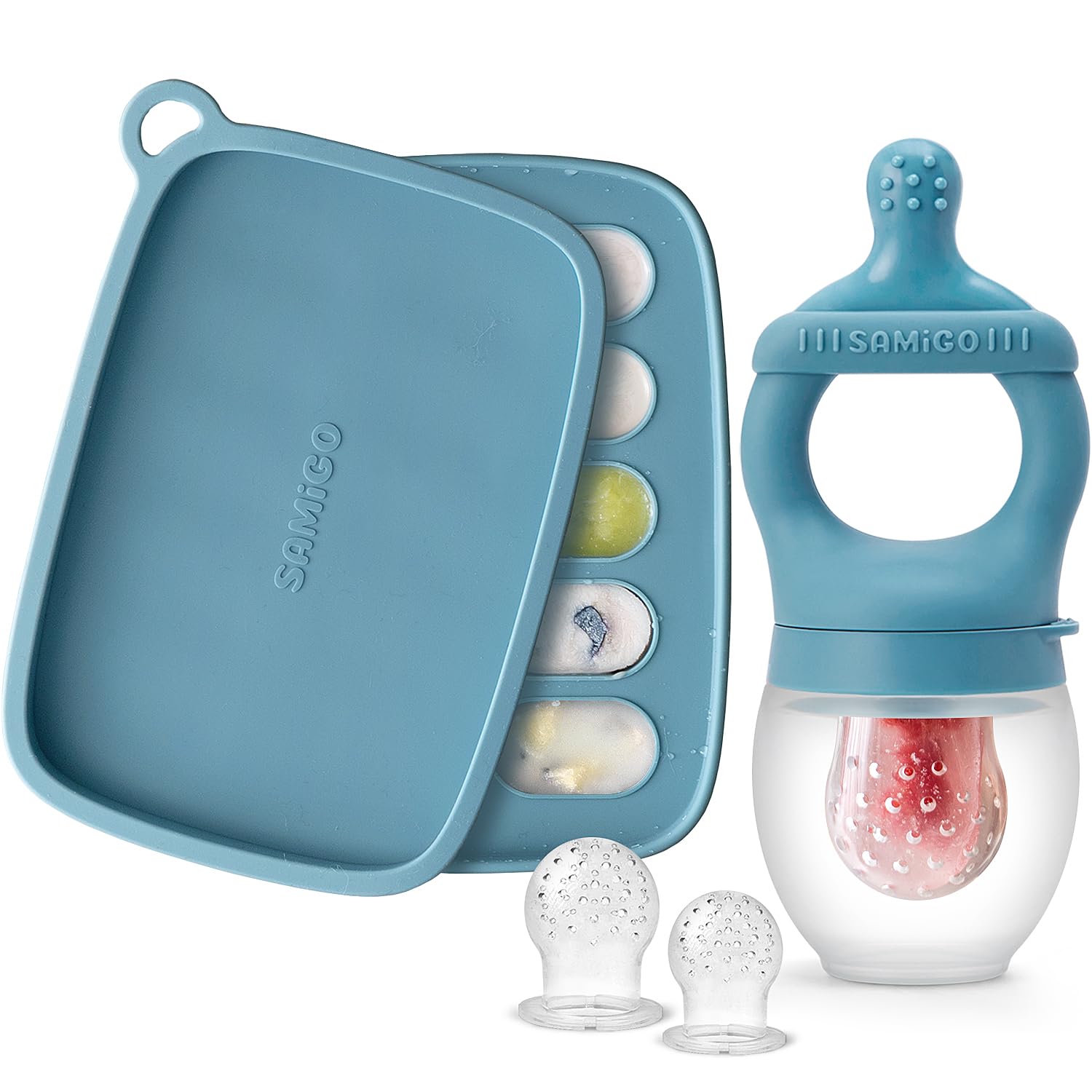 SAMiGO Baby Food Fruit Feeder & Breastmilk Popsicle Mold Set (Silicone Teether, Freezer Tray) — 4 Months+