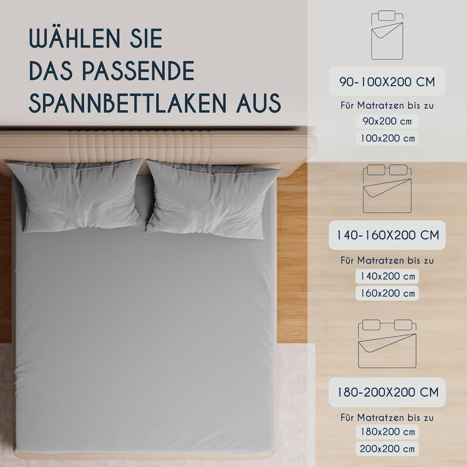 Detalle de Dreamzie Premium Spannbettlaken 180x200 cm / 200x200 cm – 37 cm Seitenhöhe – 100% Jersey Baumwolle, OEKO-TEX Grau
