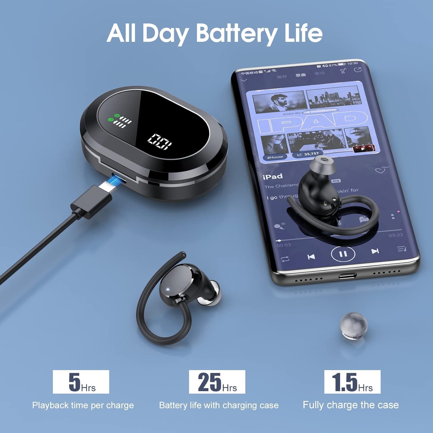 Detalle de KESIEME Wireless Earbuds: Lightweight Bluetooth 5.3 Sport Earphones with IPX7 and 30 Hours Playback