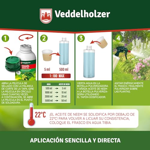 Detalle de Veddelholzer Premium aceite de Neem 100% natural prensado en frío (1000 ml) con pulverizador 500 ml