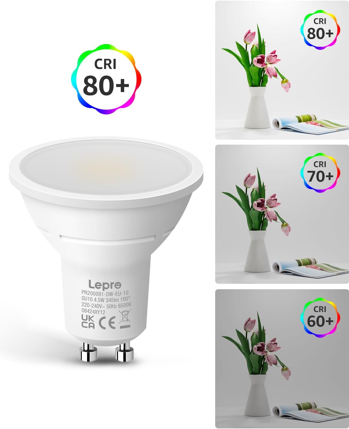 Detalle de Lepro GU10 LED Bulbs (Cool White 6500K, 4.5W / 345lm) – 10 Pack, Non-dimmable