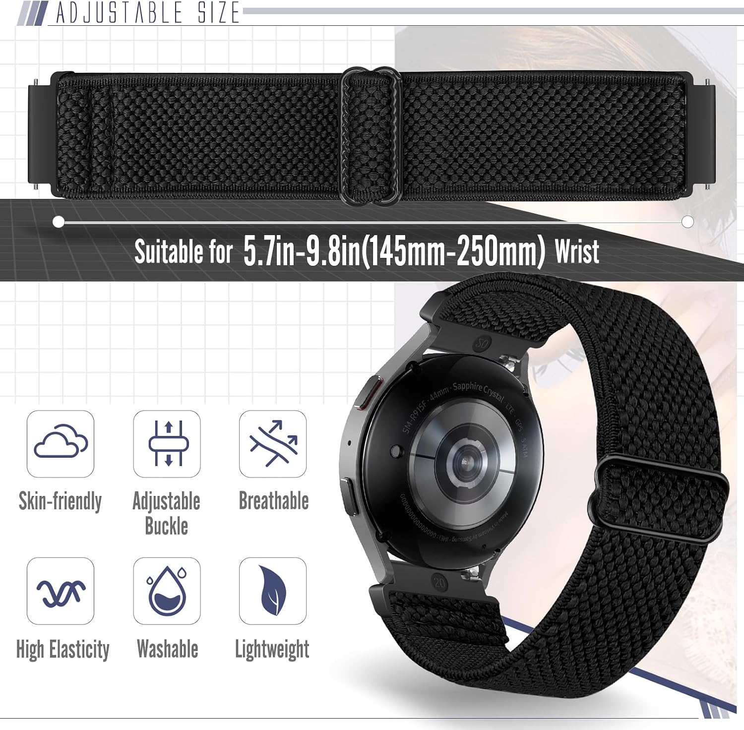 Detalle 2 de Yunshare Quick Release Elastic Nylon Watch Strap (18mm–24mm), 3 Pack for Samsung, Garmin, Fossil and more