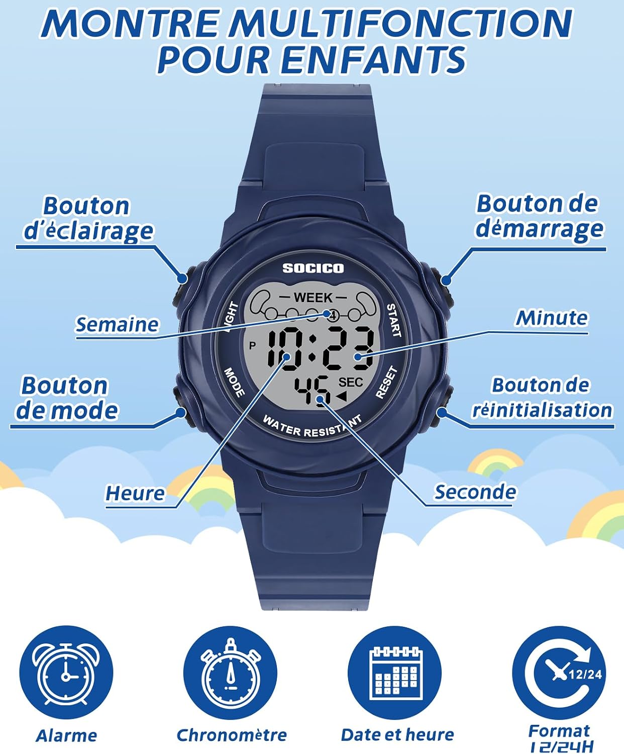 Detalle de SOCICO Montre numérique pour enfants — étanche 5ATM, 7 couleurs lumineuses et fonctions multipliables
