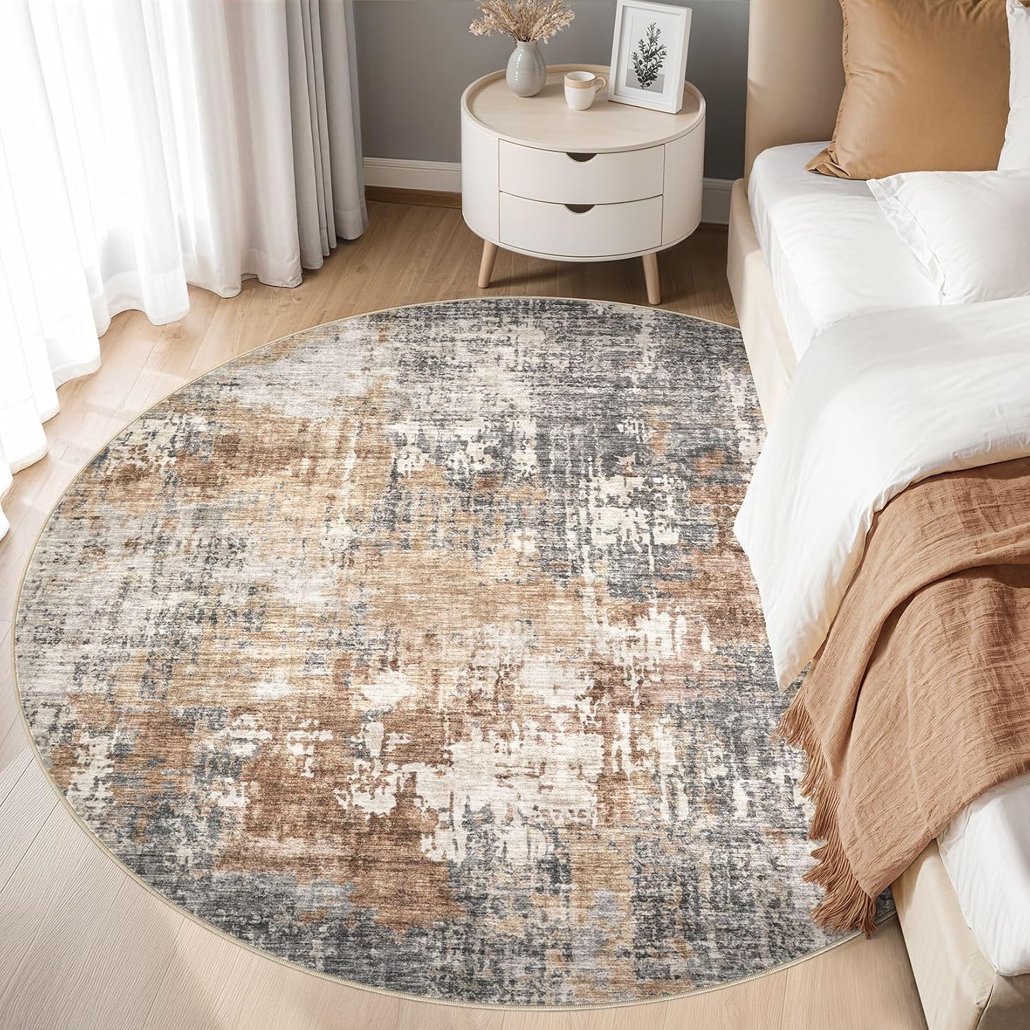 Detalle de DMOYEST 8ft Round Washable Low Pile Area Rug (Grey Brown) for Living Room, Bedroom, and Office