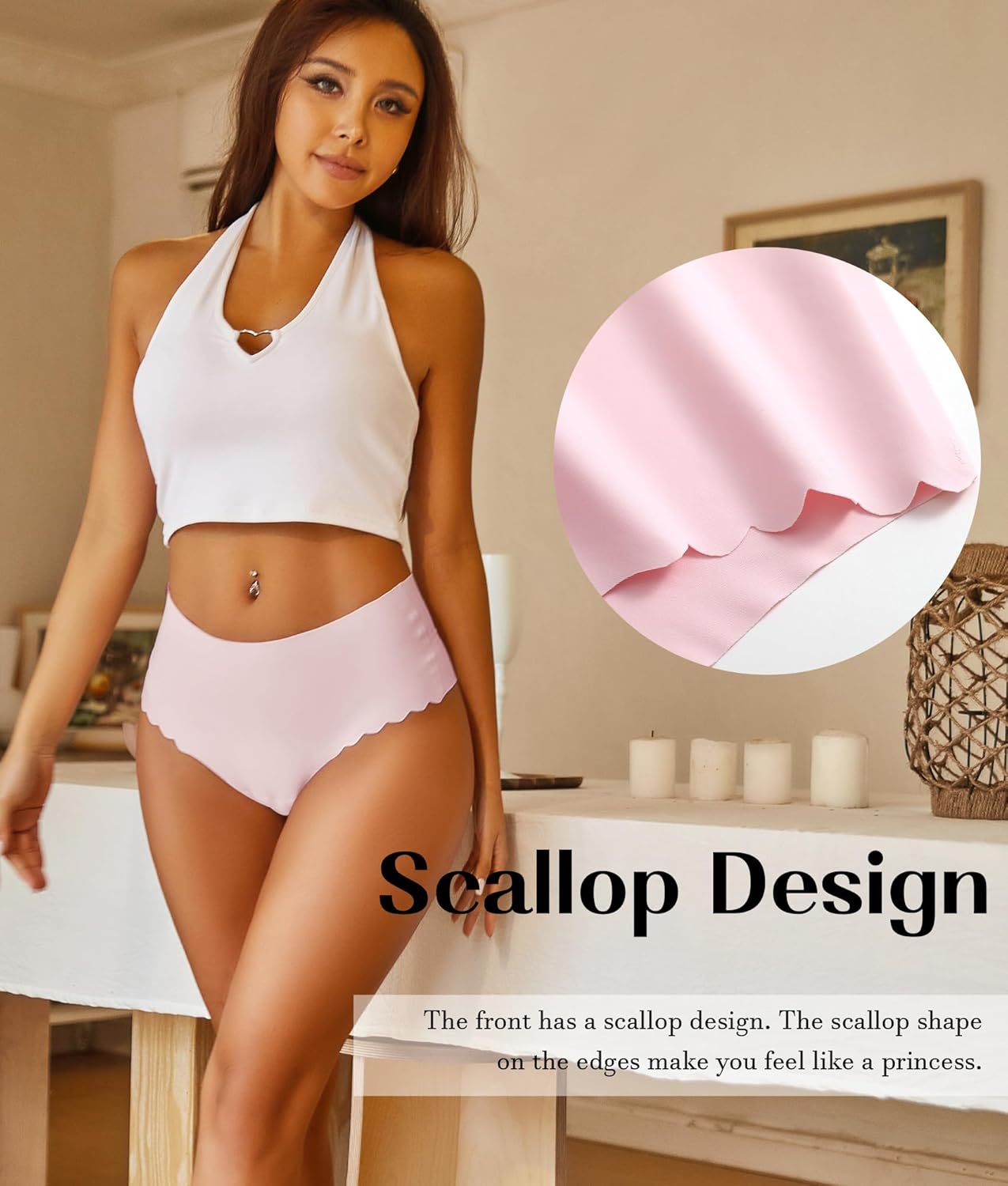 Detalle de Sth Big High Waisted Seamless Underwear for Women – 6 Pack No Show Cheeky with Scalloped Edge