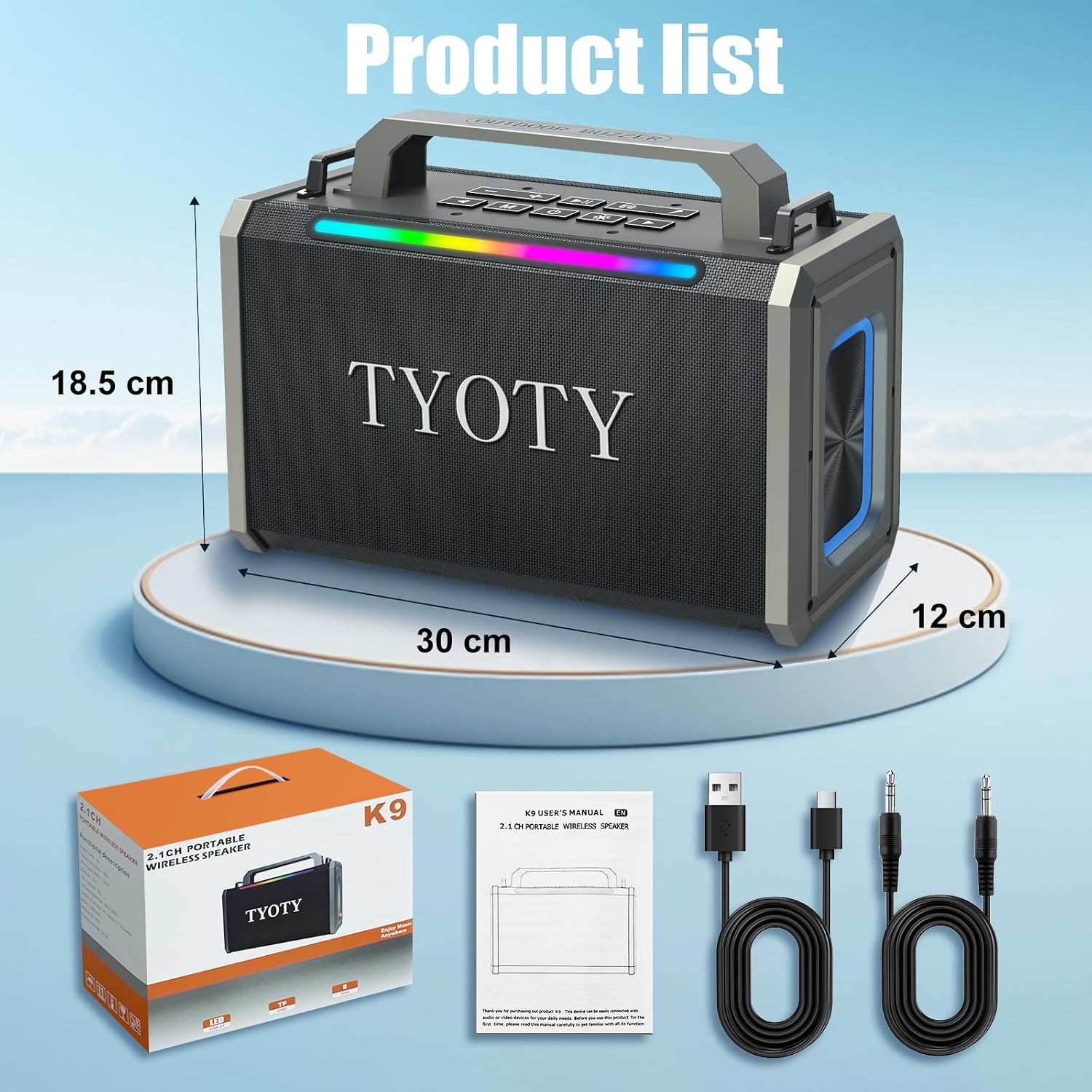 Detalle 2 de Altoparlante Bluetooth portatile da 80 W K9: suono stereo, luci LED e IPX5