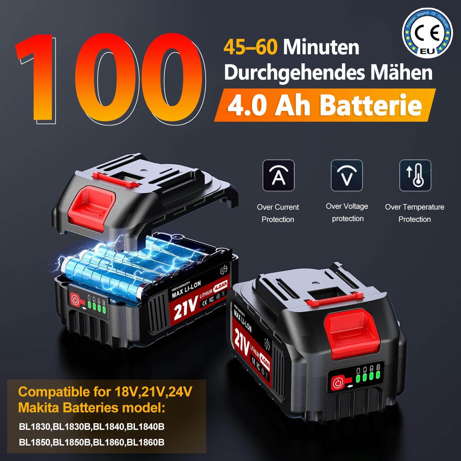 Detalle 2 de Rasentrimmer mit Akku und Unkrautbürste für Makita-Akkus – 4 Klingentypen, LCD-Anzeige, 2x4Ah, 750W