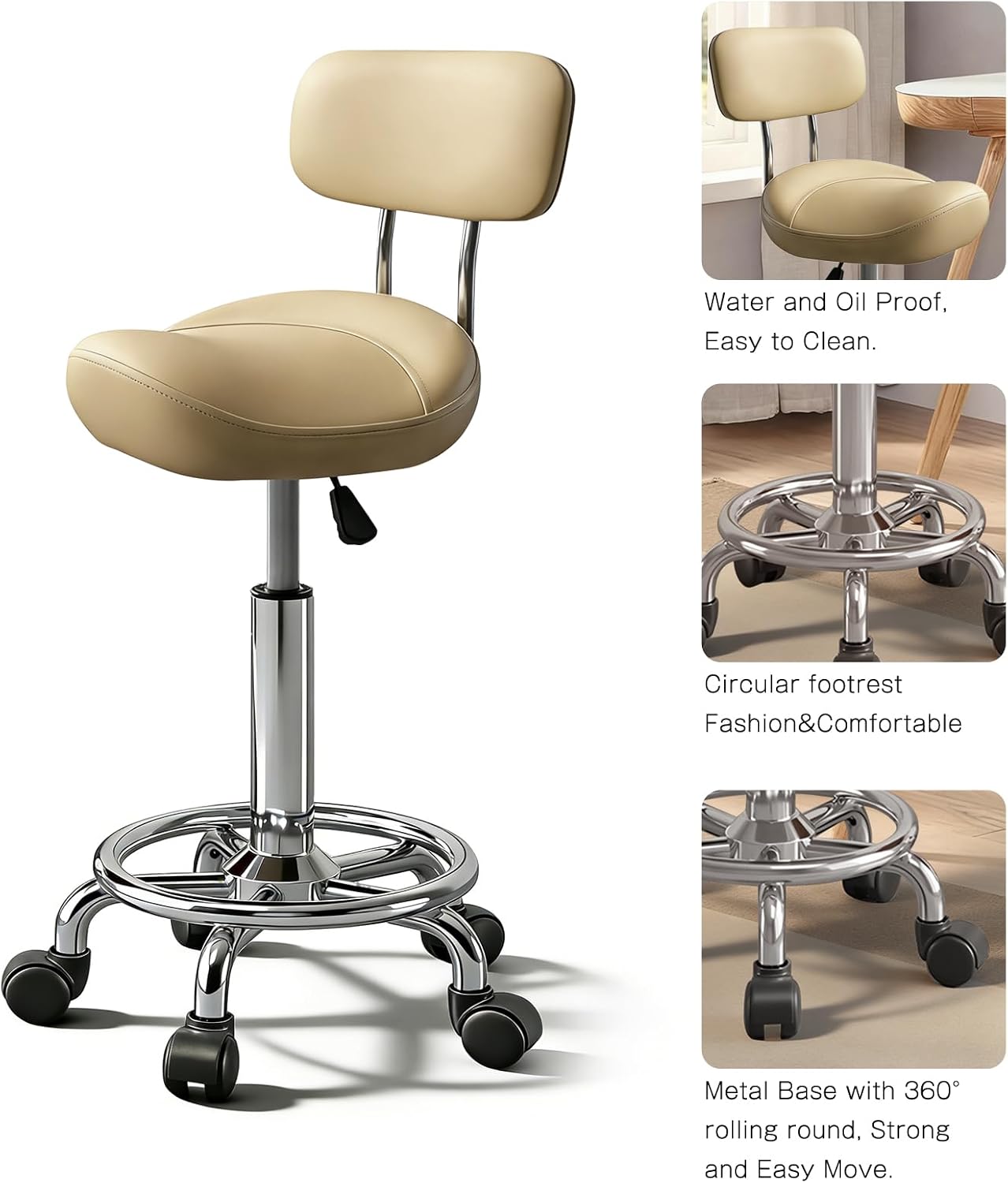 Detalle 2 de Timbertouch MAYCAV5 Adjustable Saddle Stool with Backrest, Khaki PU Leather