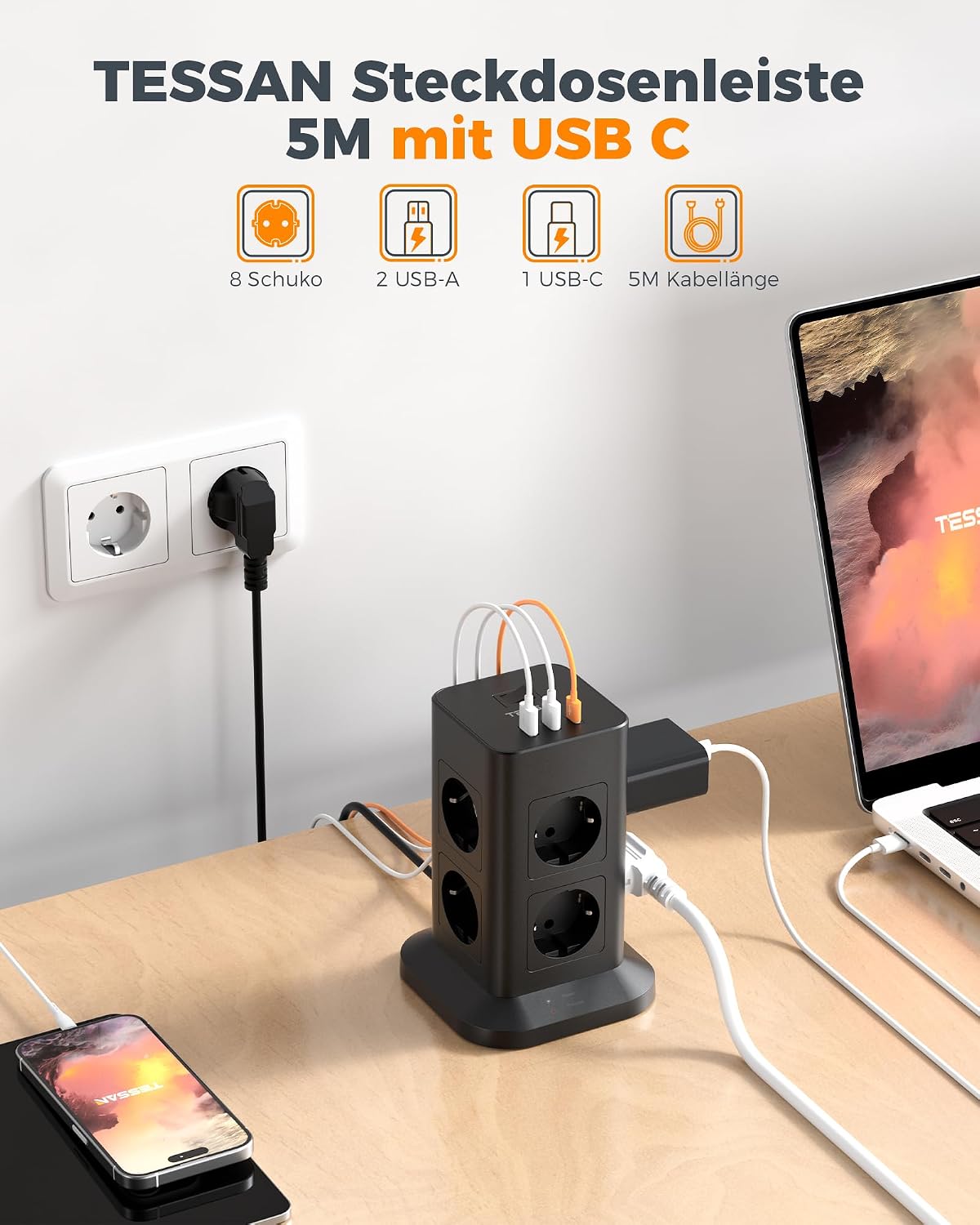 Thumbnail 1 de TESSAN Mehrfachsteckdose mit Überspannungsschutz, 5 m Verlängerungskabel und 8 Fächern inkl. USB-C (5M)