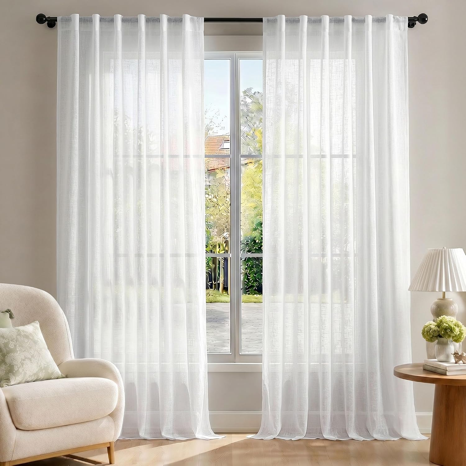Detalle de Deconovo DECTK02706D-S145 voilegordijnen, linnenlook, wit, 140 x 220 cm