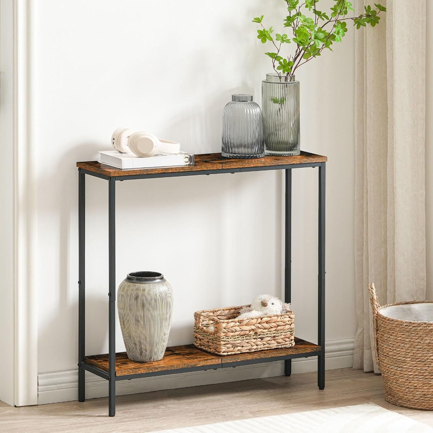 Detalle de HOOBRO Slim Console Table with Shelf (EBF22XG01) – 2-Tier Narrow Hallway Table in Rustic Brown