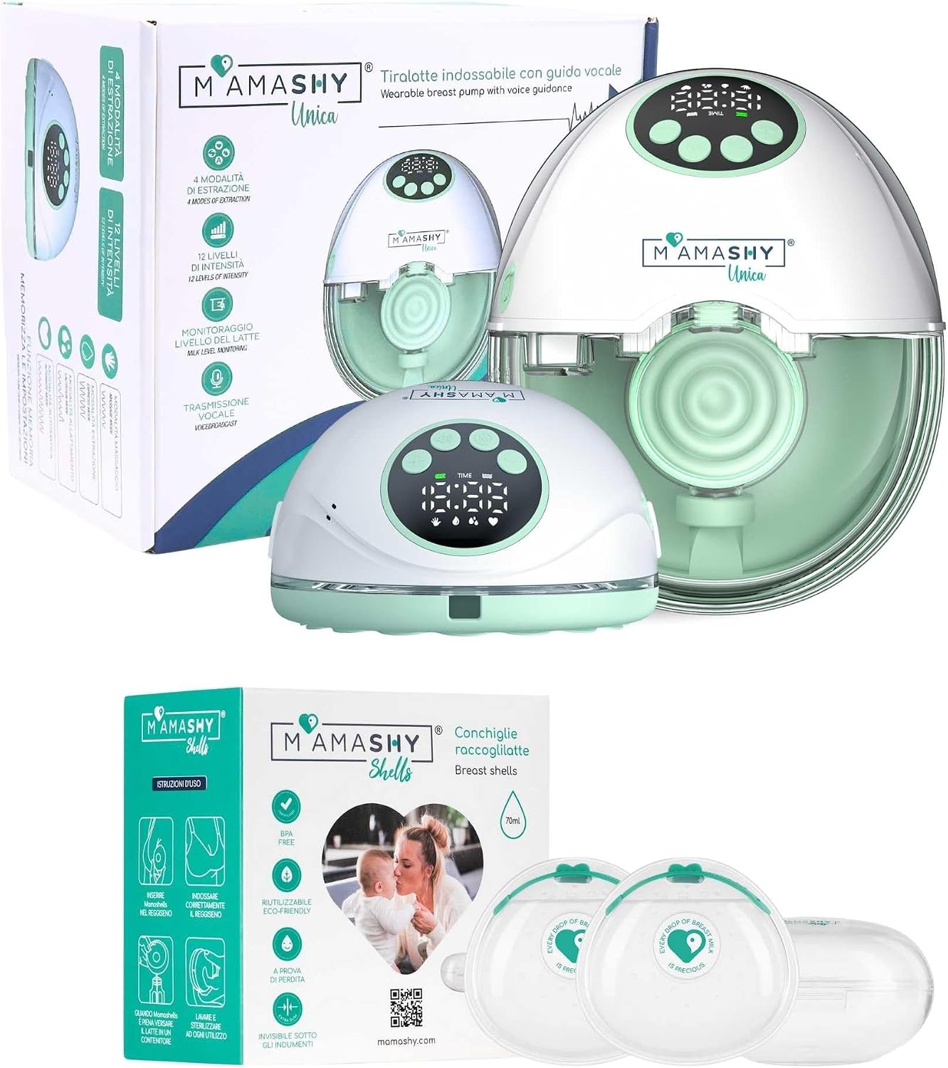 Detalle de MAMASHY Unica Go tiralatte elettrico portatile, silenzioso e indossabile con guida vocale in italiano