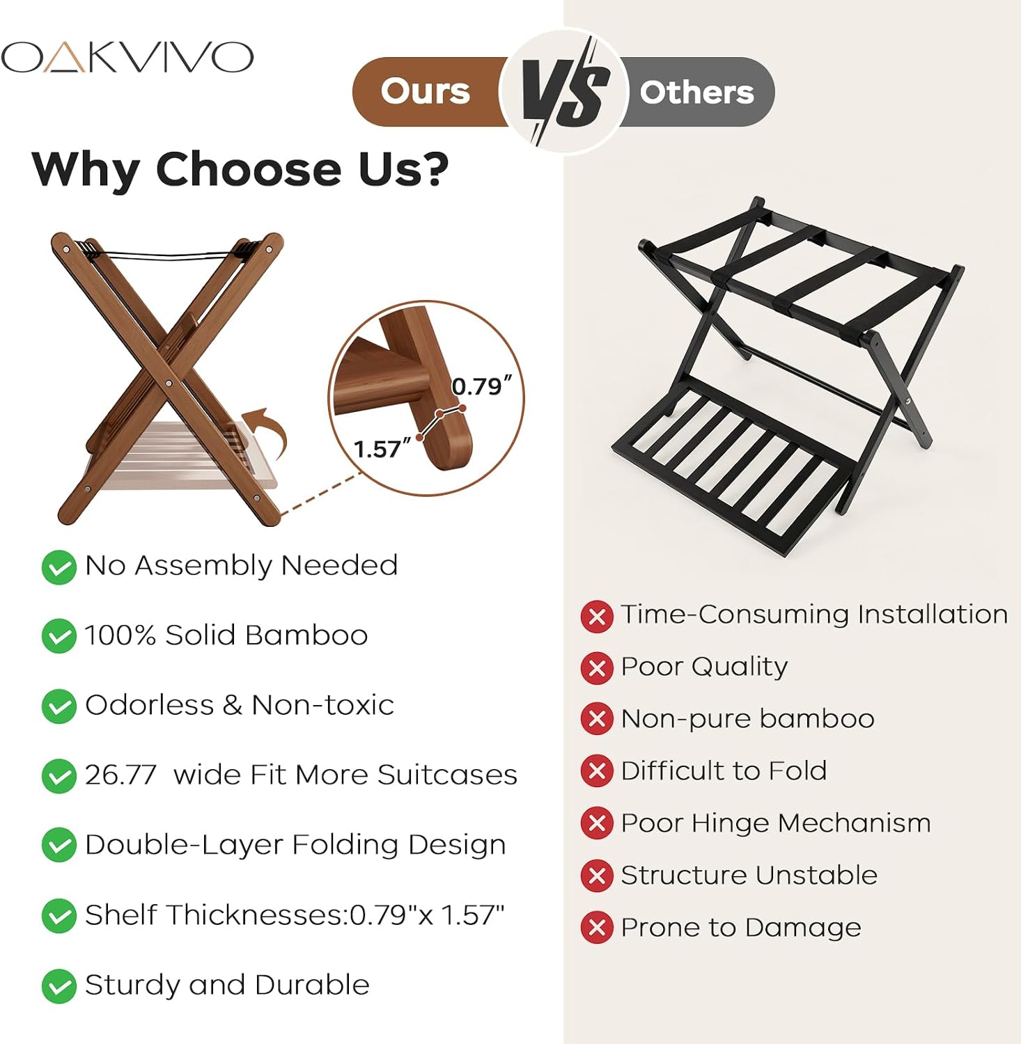 Thumbnail 5 de oakvivo Walnut Bamboo Luggage Racks, Set of 2, Folding Two-Tier Stands