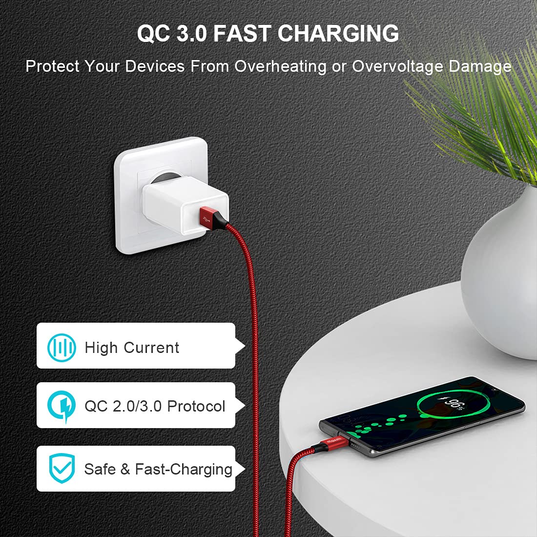 Detalle de etguuds USB-C Charger Cable 2 Pack (1m) – USB-A to USB-C, 3A fast charging & data sync up to 480Mbps