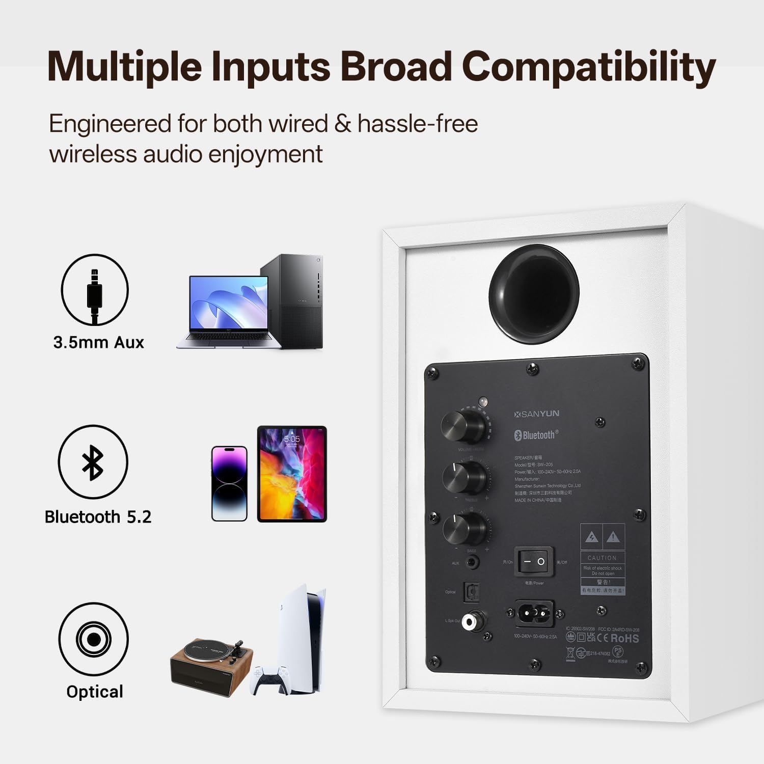 Detalle 2 de Sanyun SW205 4" Bookshelf Speakers with Virtual Surround, DAC/DSP Engine, Bluetooth 5.4, Optical & AUX (White)