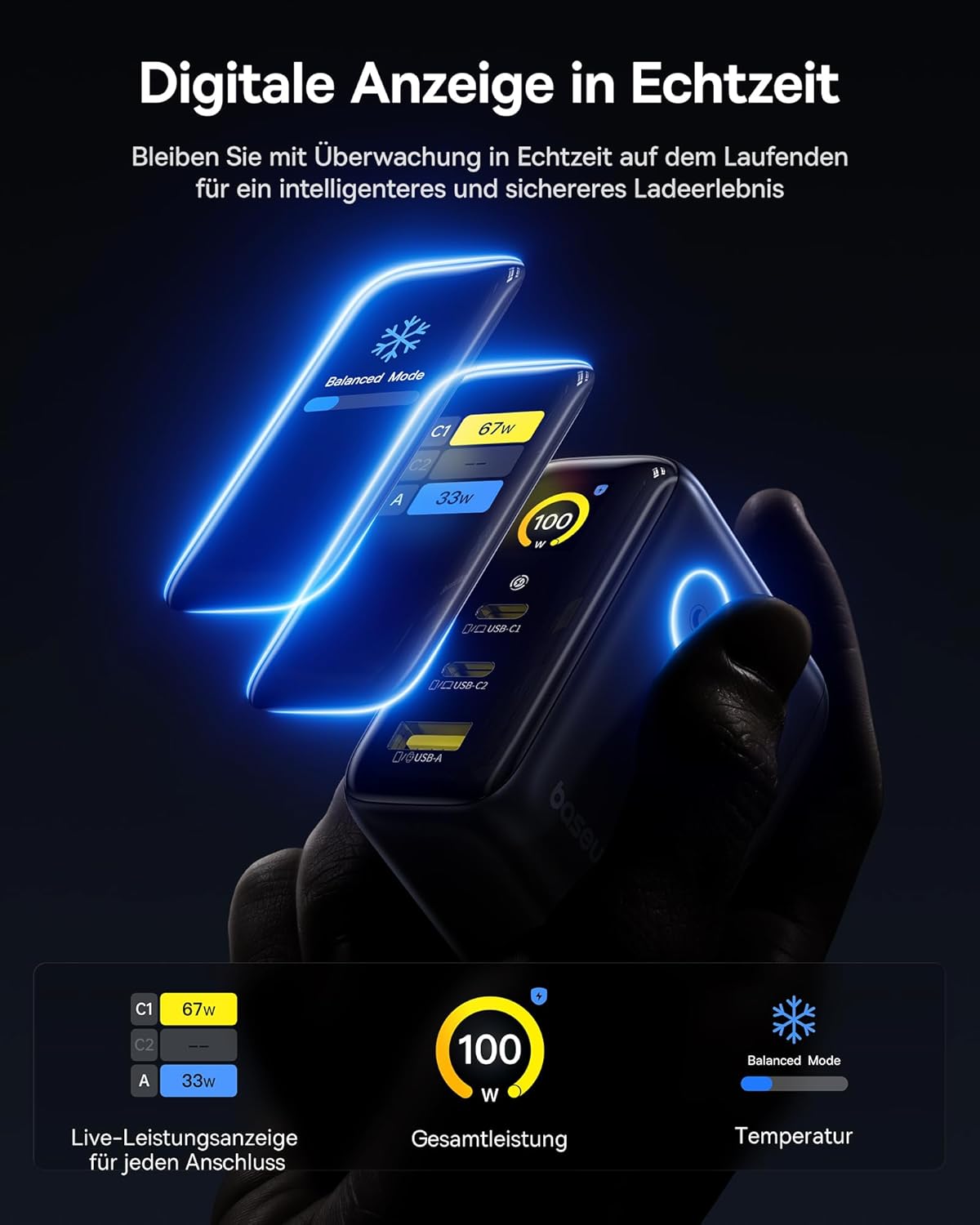Thumbnail 1 de Baseus 100W Picogo USB-C Ladegerät mit Smart Display – 3-in-1 GaN Schnelllader