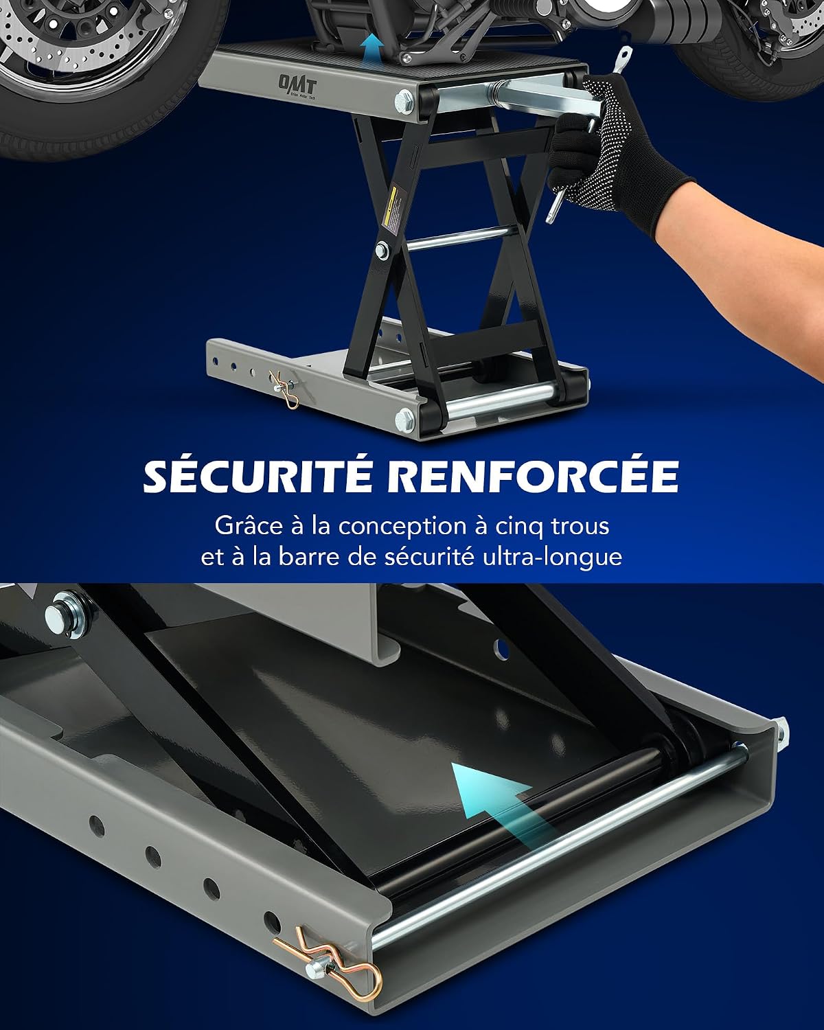Detalle de Cric à Ciseaux pour Motos Orion Motor Tech – Capacité 500 kg, Plateforme Large et Sûreté renforcée